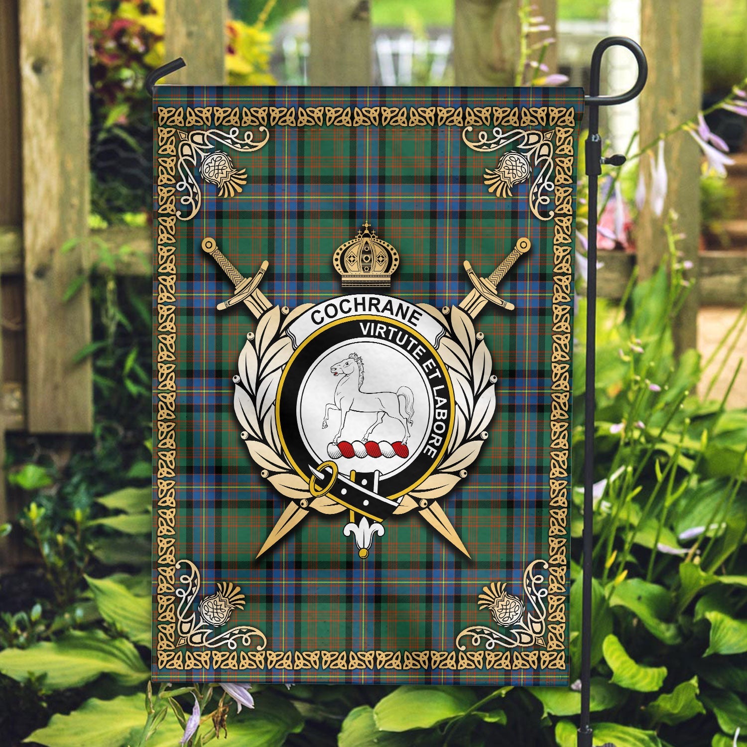 Clan Cochrane Ancient Tartan Crest Garden Flag  - Celtic Thistle  HR51 Clan Cochrane Tartan Today   