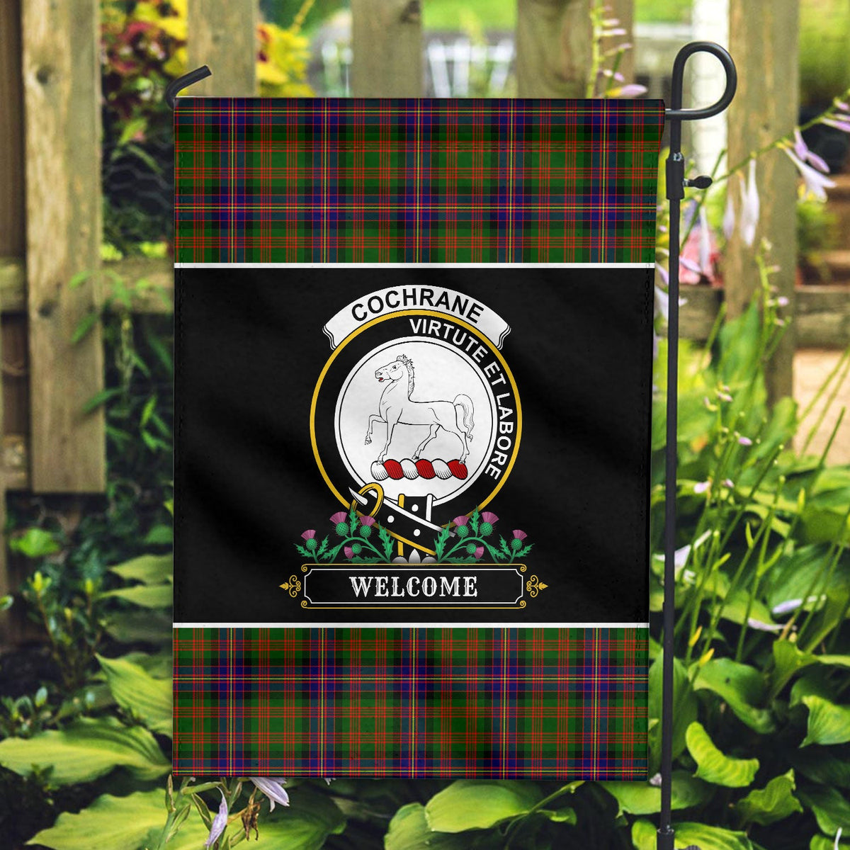 Clan Cochrane Modern Tartan Crest Garden Flag  - Welcome  PR27 Clan Cochrane Tartan Today   