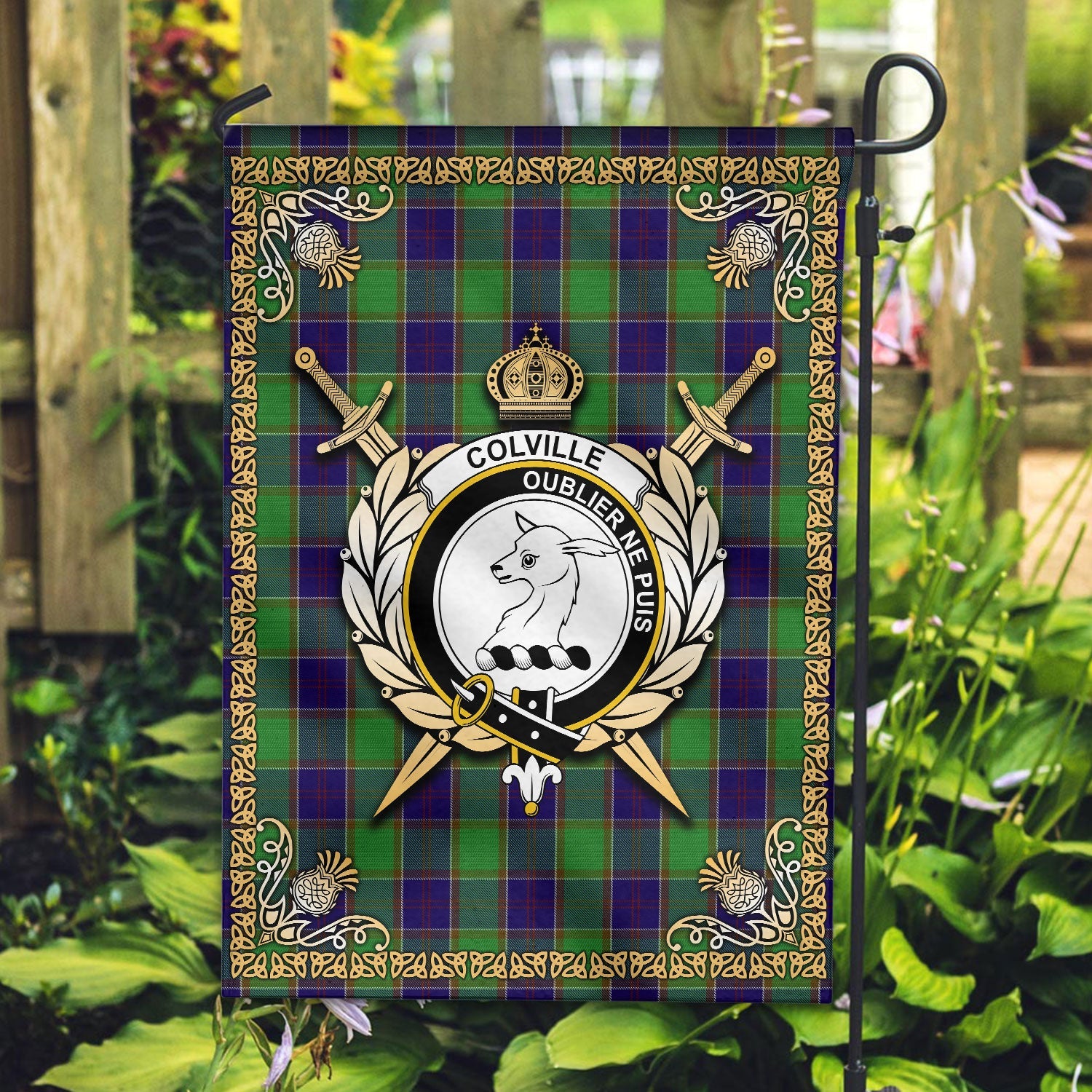 Clan Colville Tartan Crest Garden Flag  - Celtic Thistle  ZN95 Clan Colville Tartan Today   