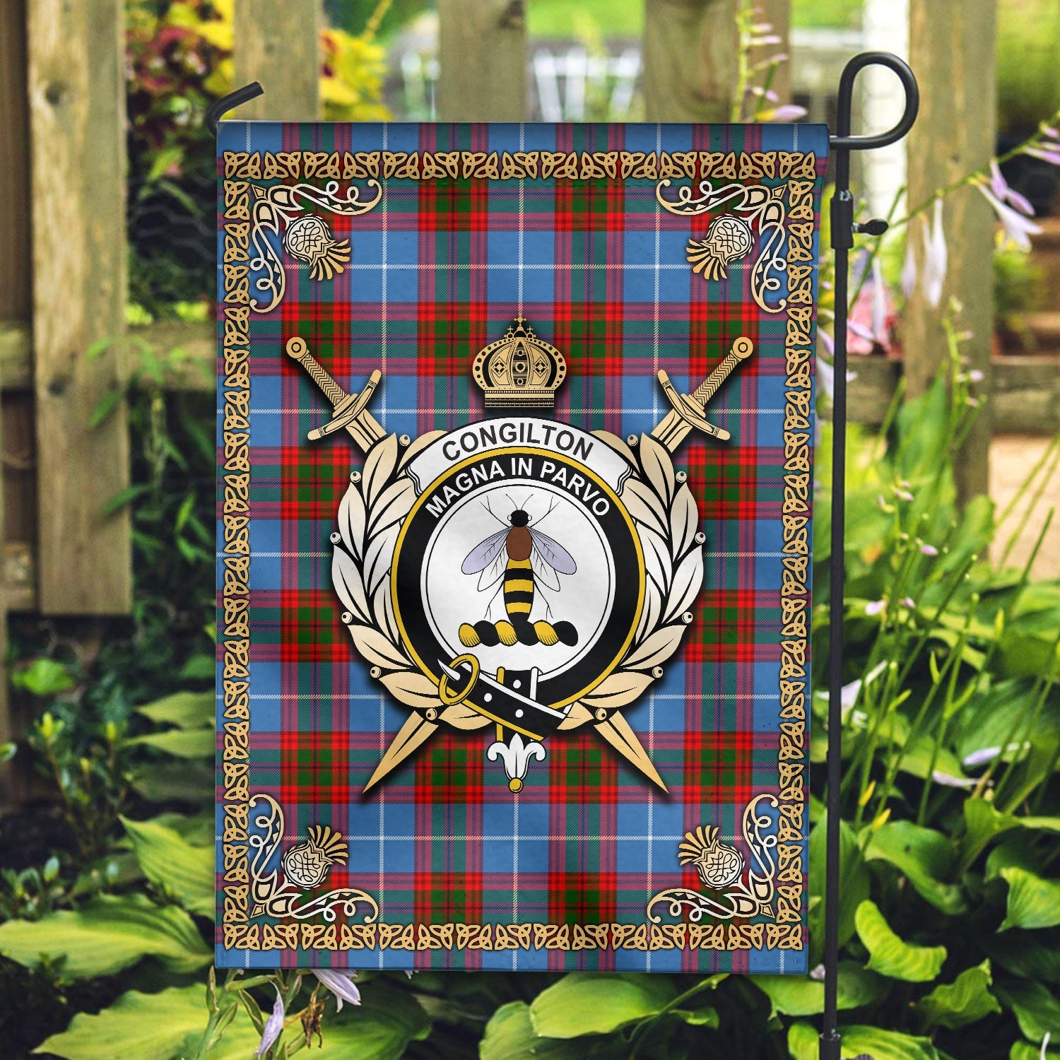 Clan Congilton Tartan Crest Garden Flag  - Celtic Thistle  IG78 Clan Hall Tartan Today   