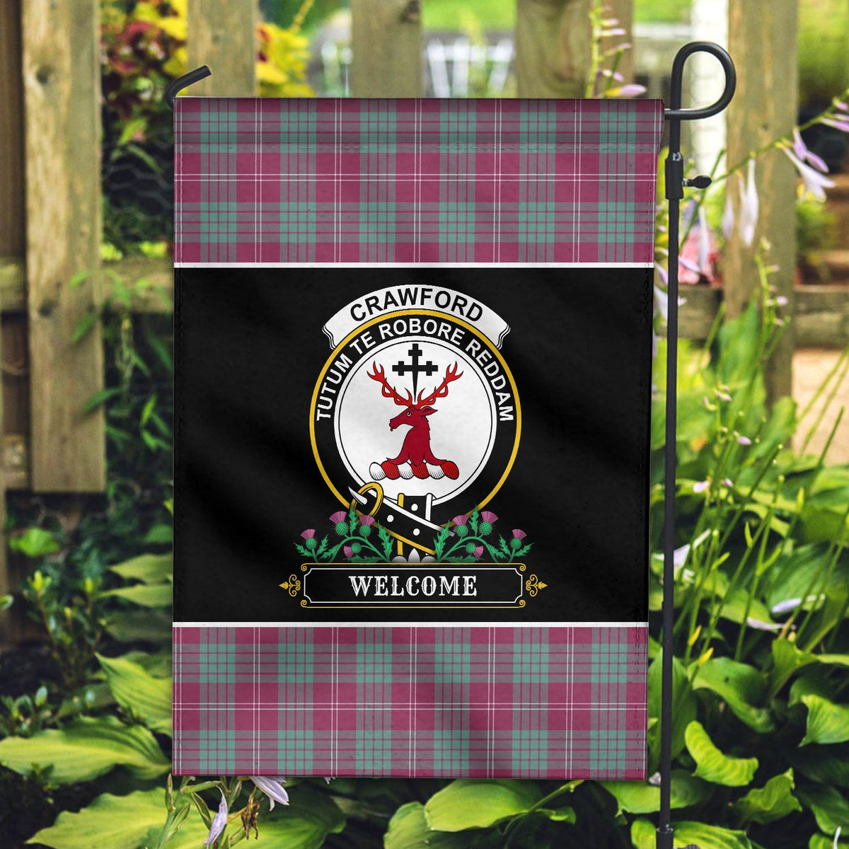 Clan Crawford Ancient Tartan Crest Garden Flag  - Welcome  TK70 Clan Crawford Tartan Today   