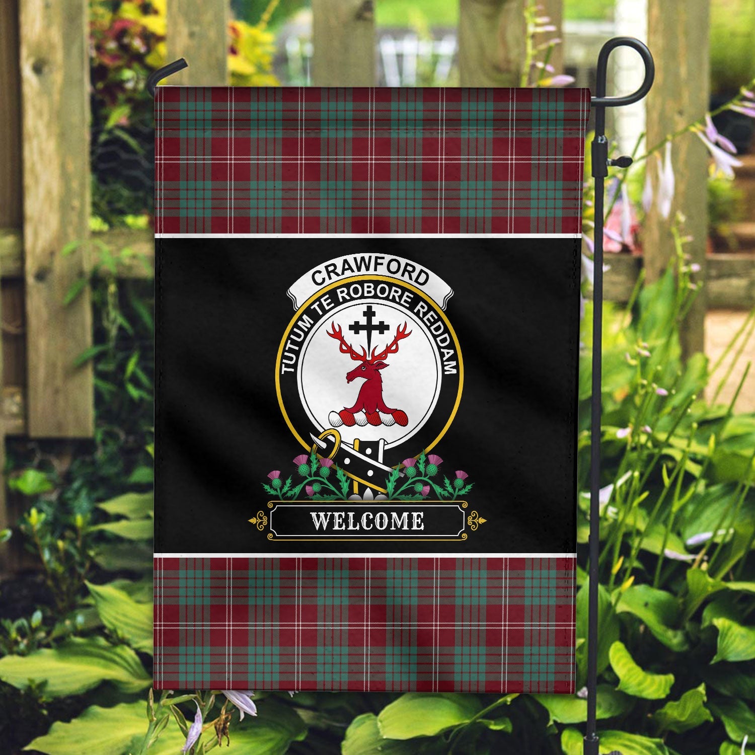 Clan Crawford Modern Tartan Crest Garden Flag  - Welcome  GN55 Clan Crawford Tartan Today   