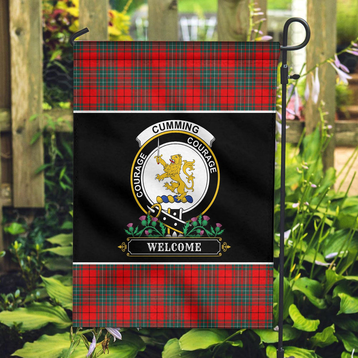 Clan Cumming Modern Tartan Crest Garden Flag  - Welcome  PF43 Clan Cumming Tartan Today   