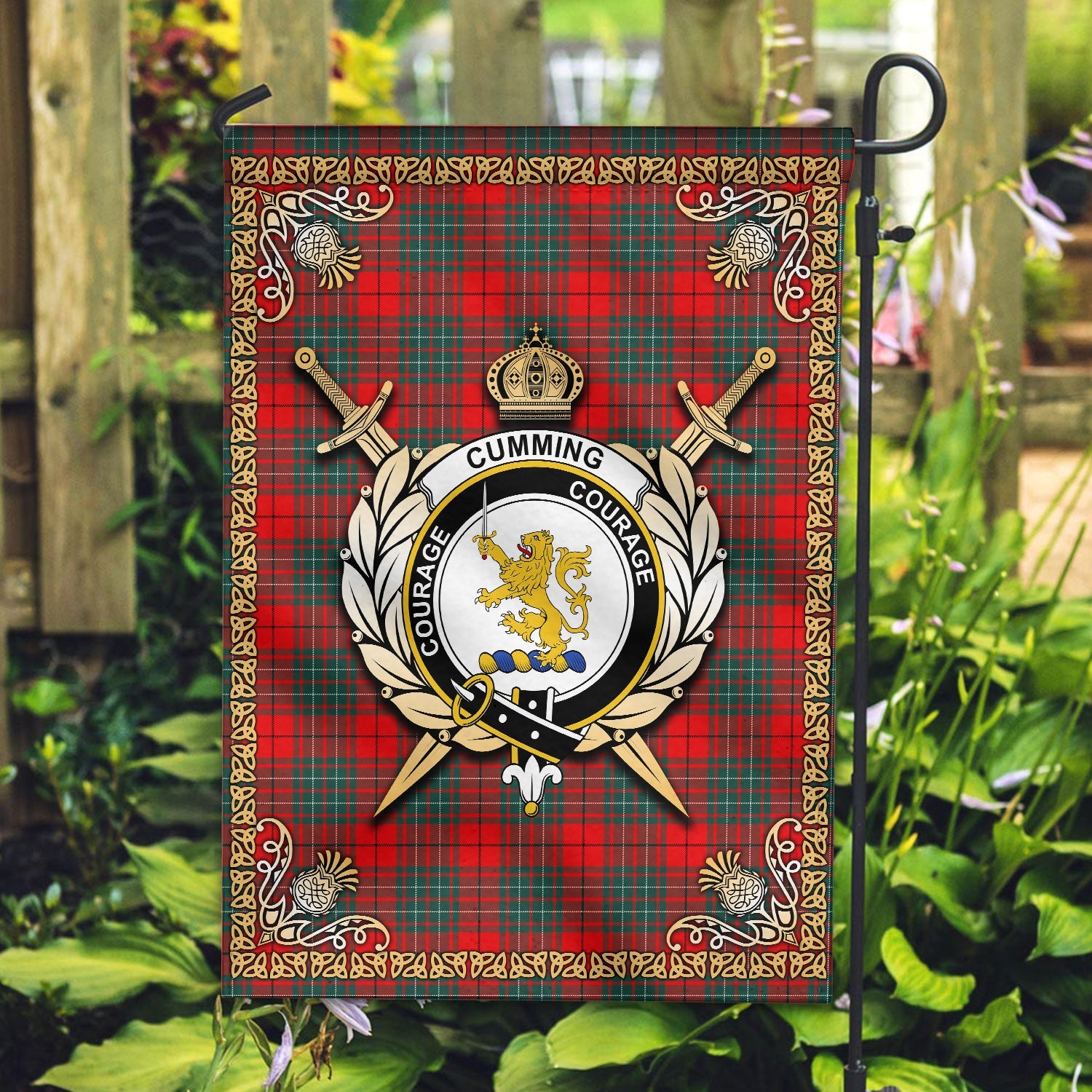 Clan Cumming Modern Tartan Crest Garden Flag  - Celtic Thistle  PD74 Clan Cumming Tartan Today   