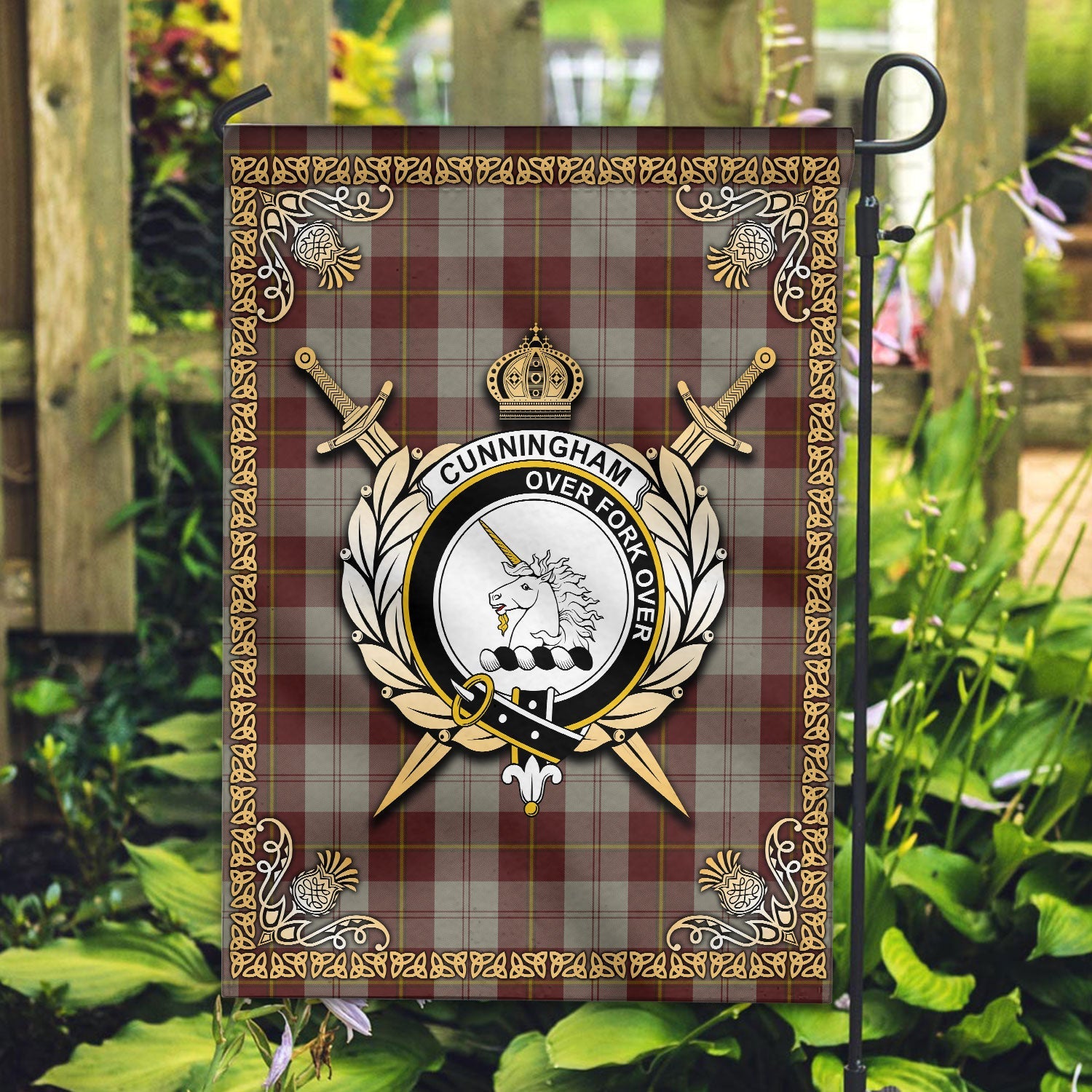 Clan Cunningham Burgundy Dancers Tartan Crest Garden Flag  - Celtic Thistle  ZF68 Clan Cunningham Tartan Today   