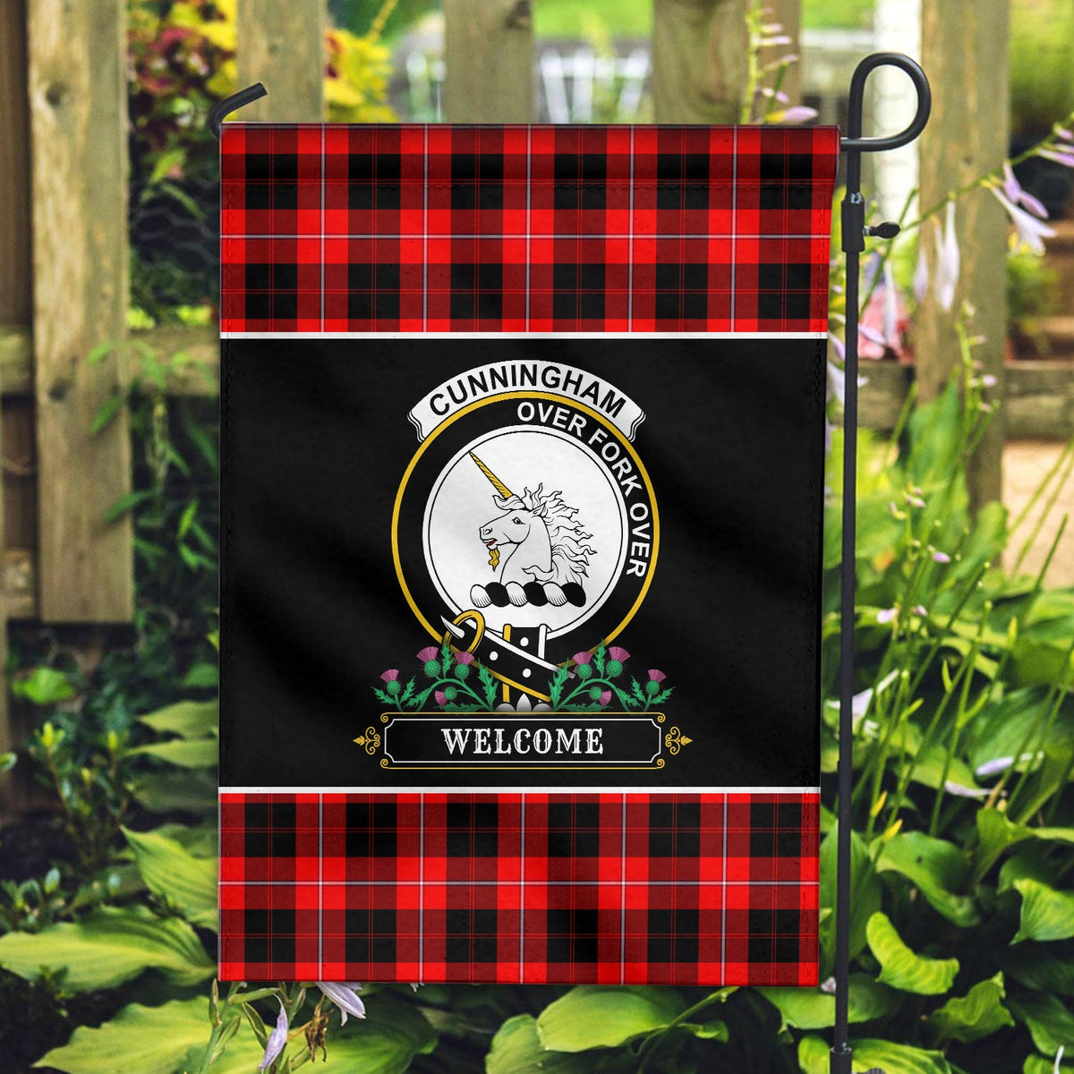 Clan Cunningham Modern Tartan Crest Garden Flag  - Welcome  FJ56 Clan Cunningham Tartan Today   