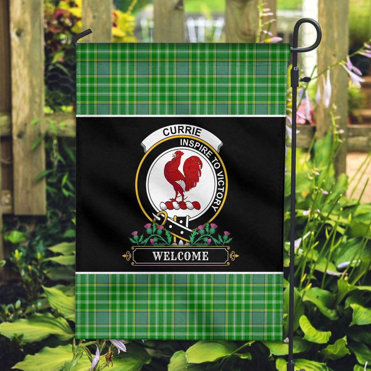 Clan Currie or Curry Tartan Crest Garden Flag  - Welcome  KE86 Clan Currie Tartan Today   