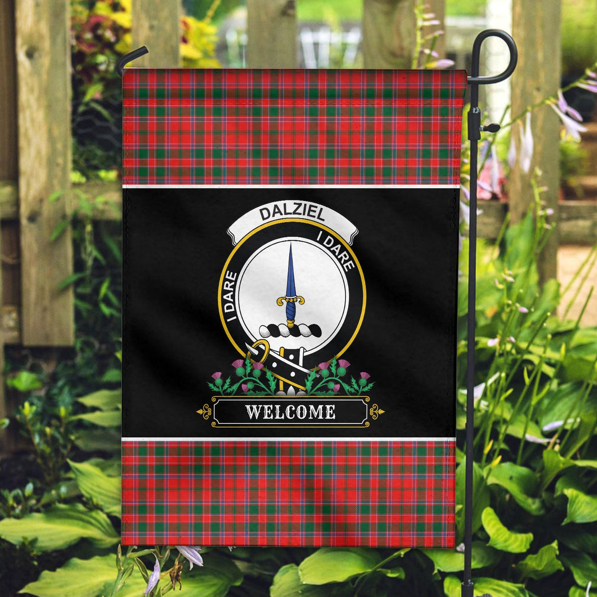 Clan Dalziel Modern Tartan Crest Garden Flag  - Welcome  AS38 Clan Dalziel Tartan Today   