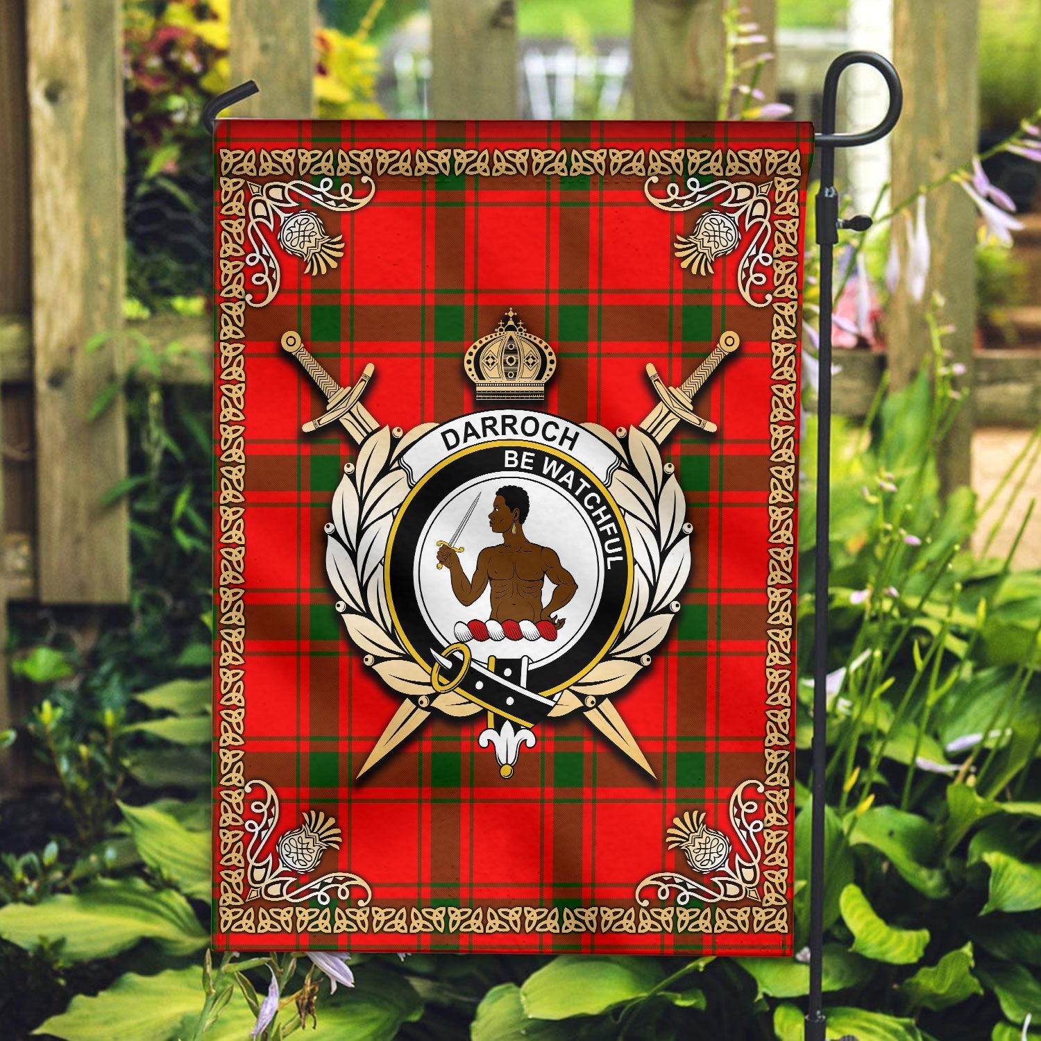 Clan Darroch (Gourock) Tartan Crest Garden Flag  - Celtic Thistle  QC94 Clan Darroch Tartan Today   