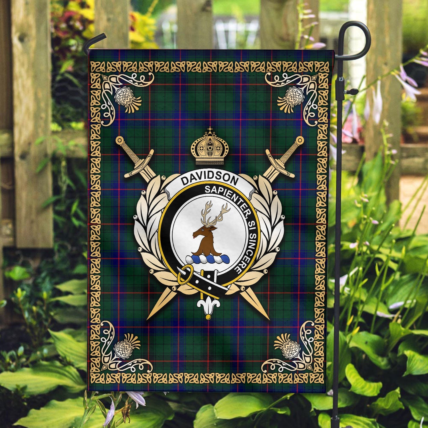 Clan Davidson Modern Tartan Crest Garden Flag  - Celtic Thistle  BN64 Clan Davidson Tartan Today   