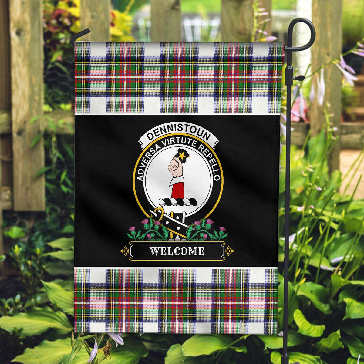 Clan Dennistoun Tartan Crest Garden Flag  - Welcome  VH32 Clan Dennistoun Tartan Today   