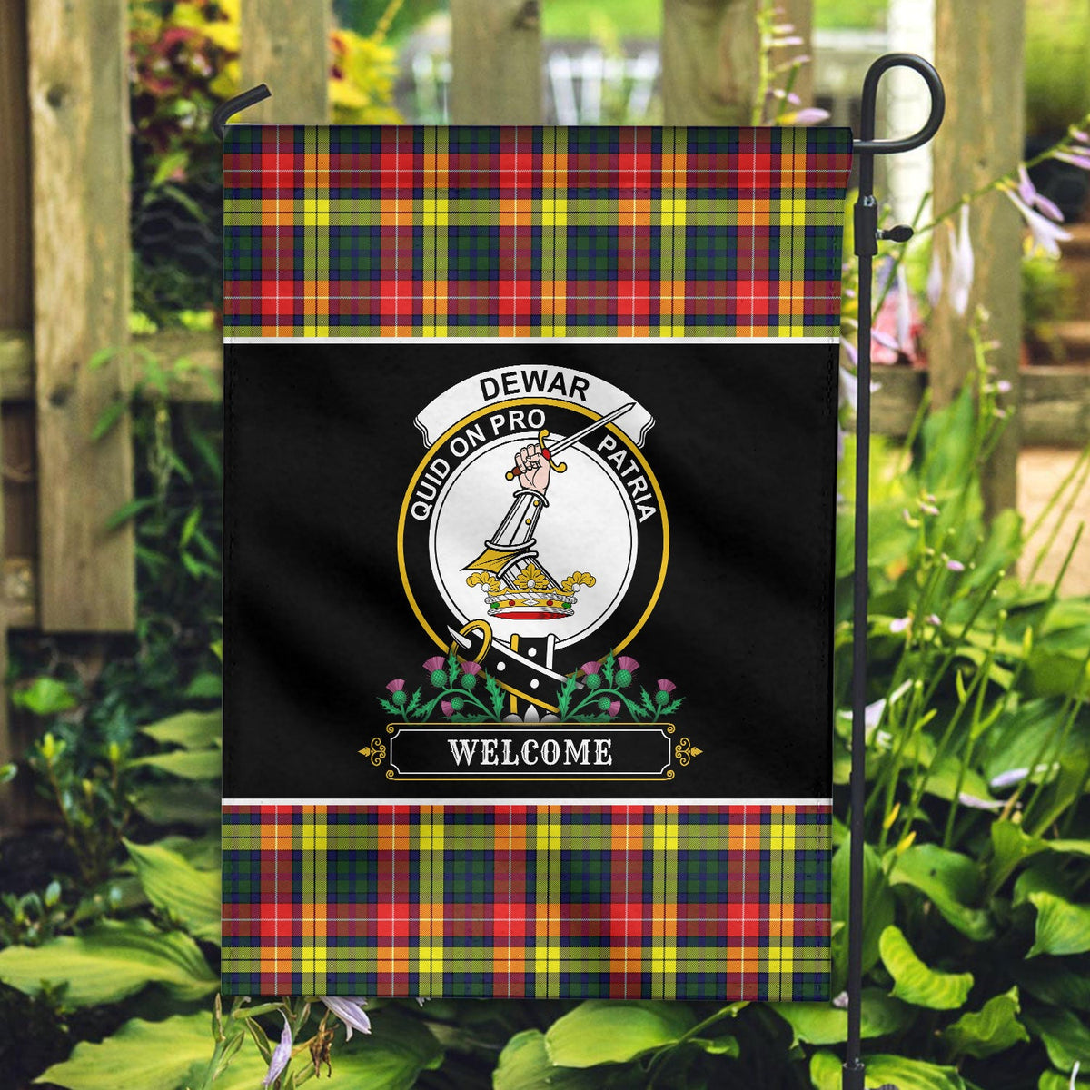 Clan Dewar Tartan Crest Garden Flag  - Welcome  FN33 Clan Dewar Tartan Today   