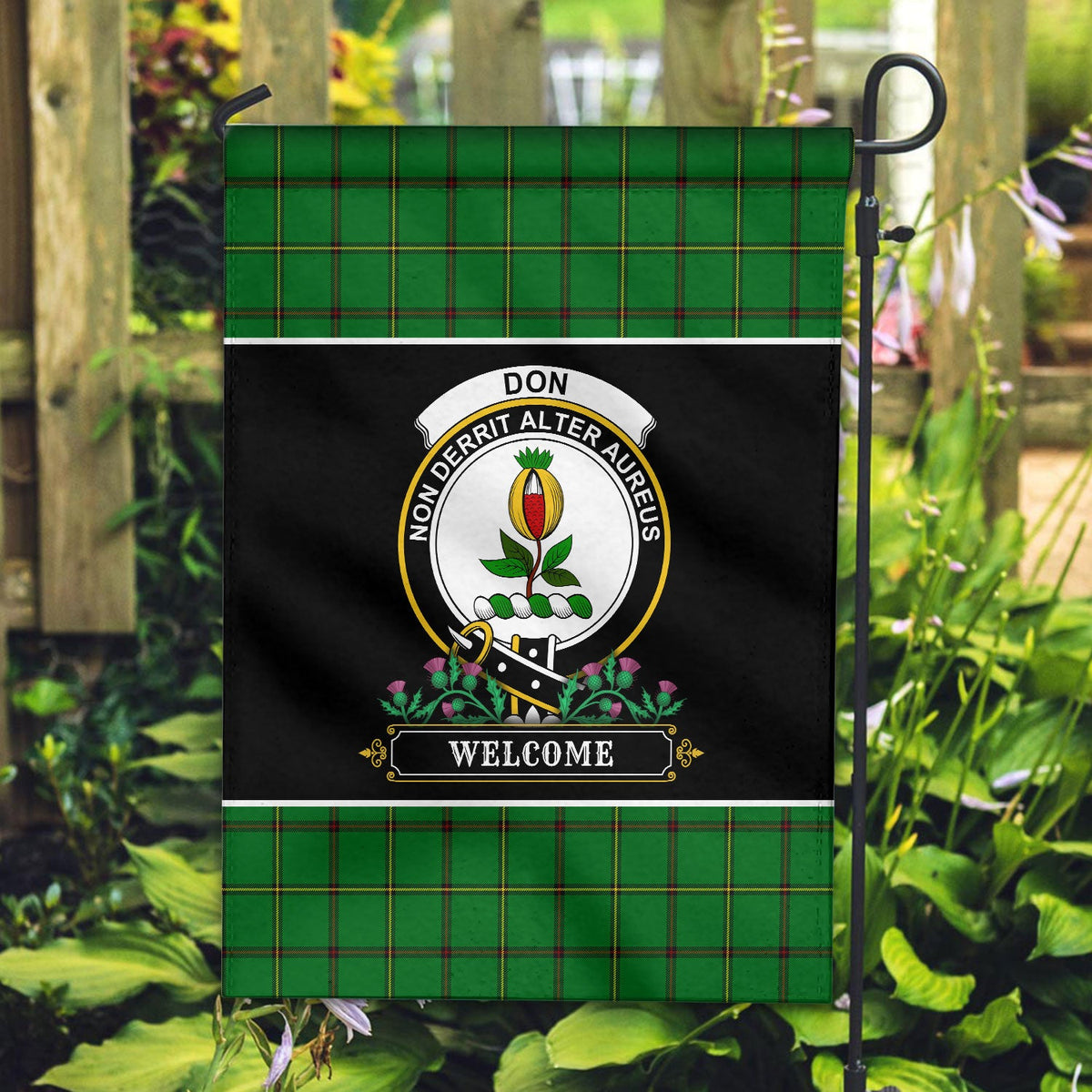 Clan Don Tartan Crest Garden Flag  - Welcome  VO82 Clan Don Tartan Today   