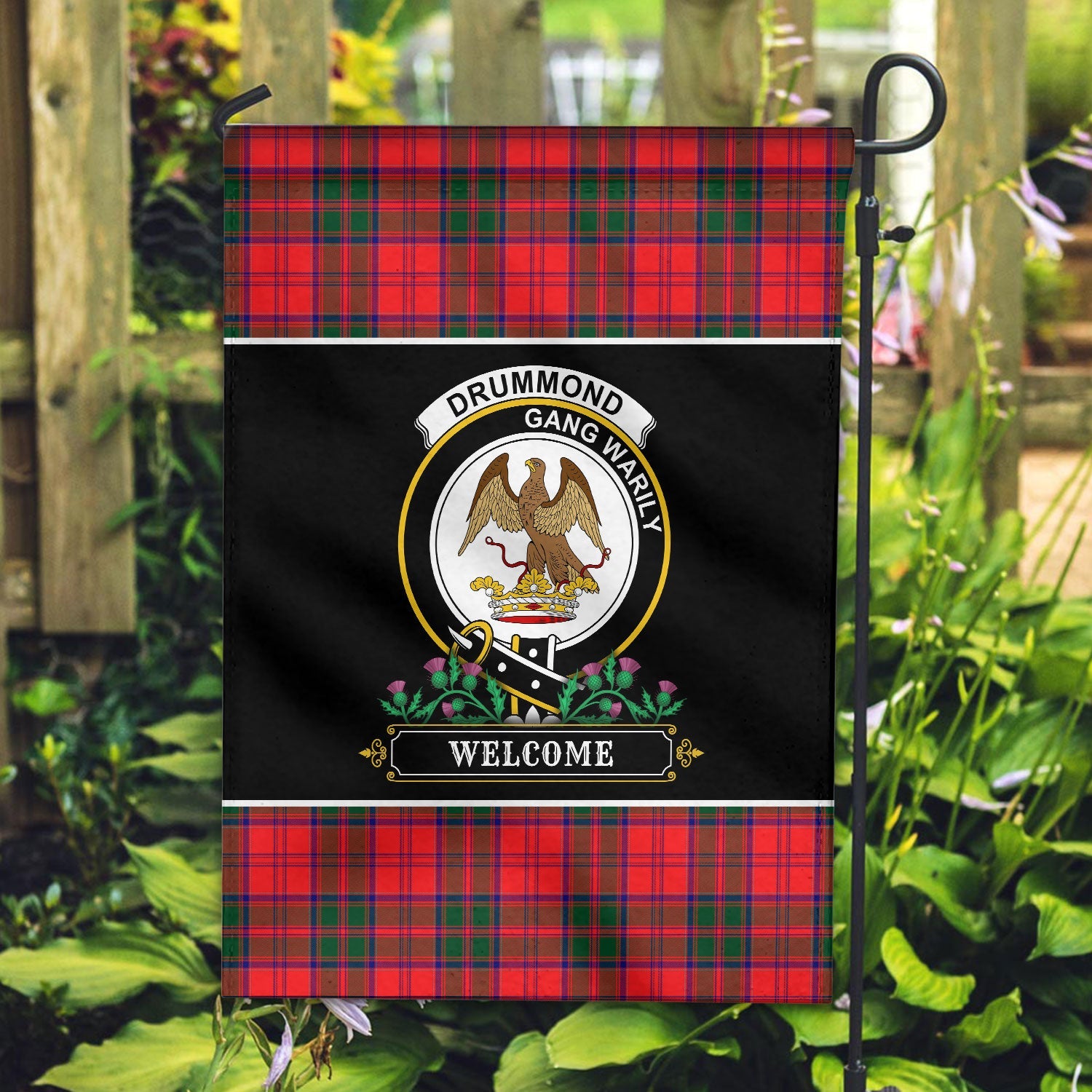 Clan Drummond Modern Tartan Crest Garden Flag  - Welcome  QQ85 Clan Drummond Tartan Today   