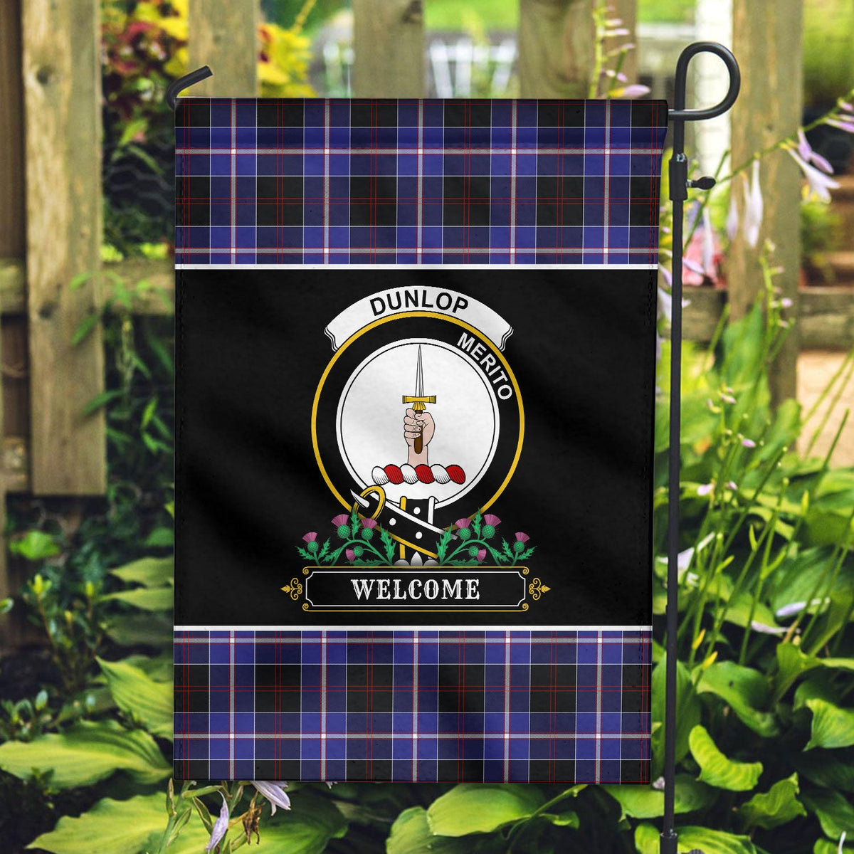 Clan Dunlop Modern Tartan Crest Garden Flag  - Welcome  GL24 Clan Dunlop Tartan Today   