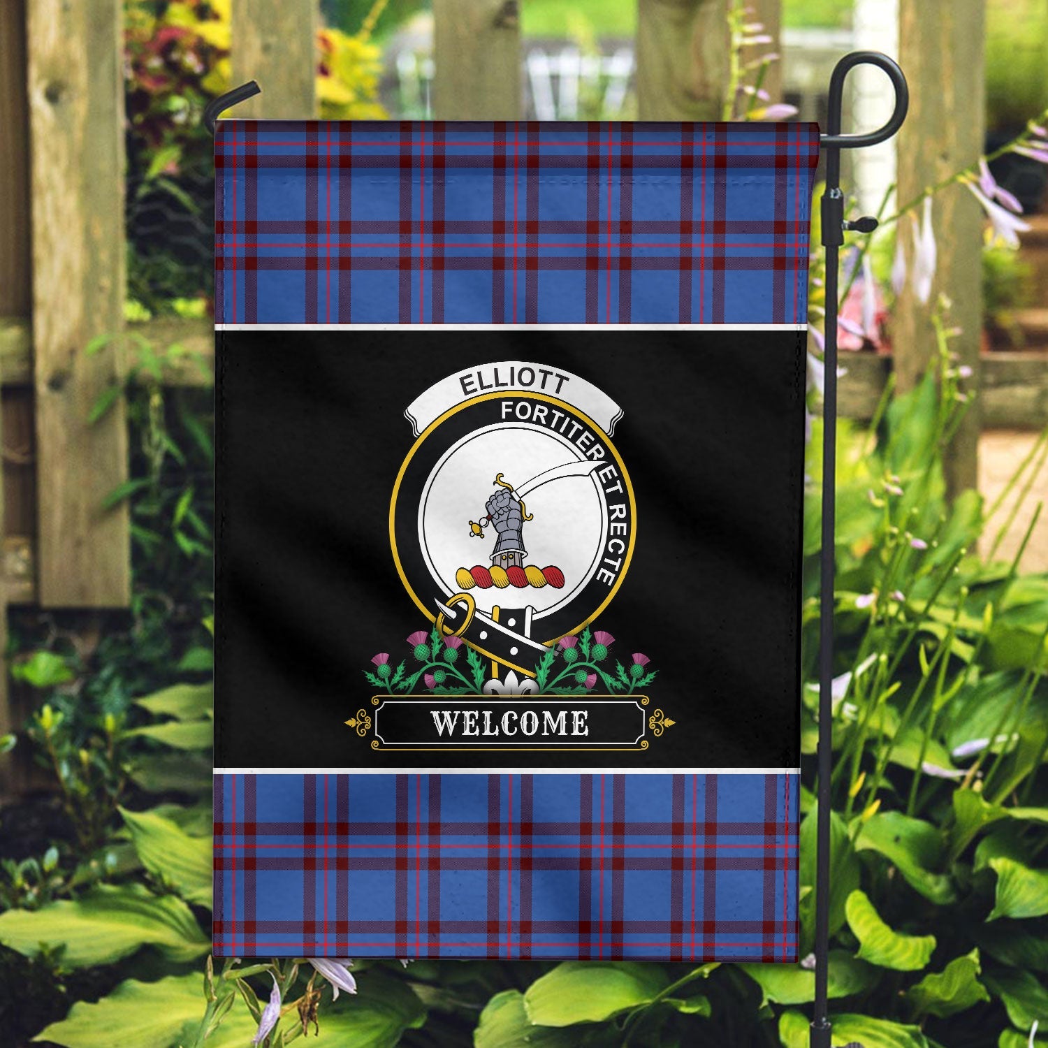 Clan Elliott Modern Tartan Crest Garden Flag  - Welcome  JH30 Clan Elliot Tartan Today   