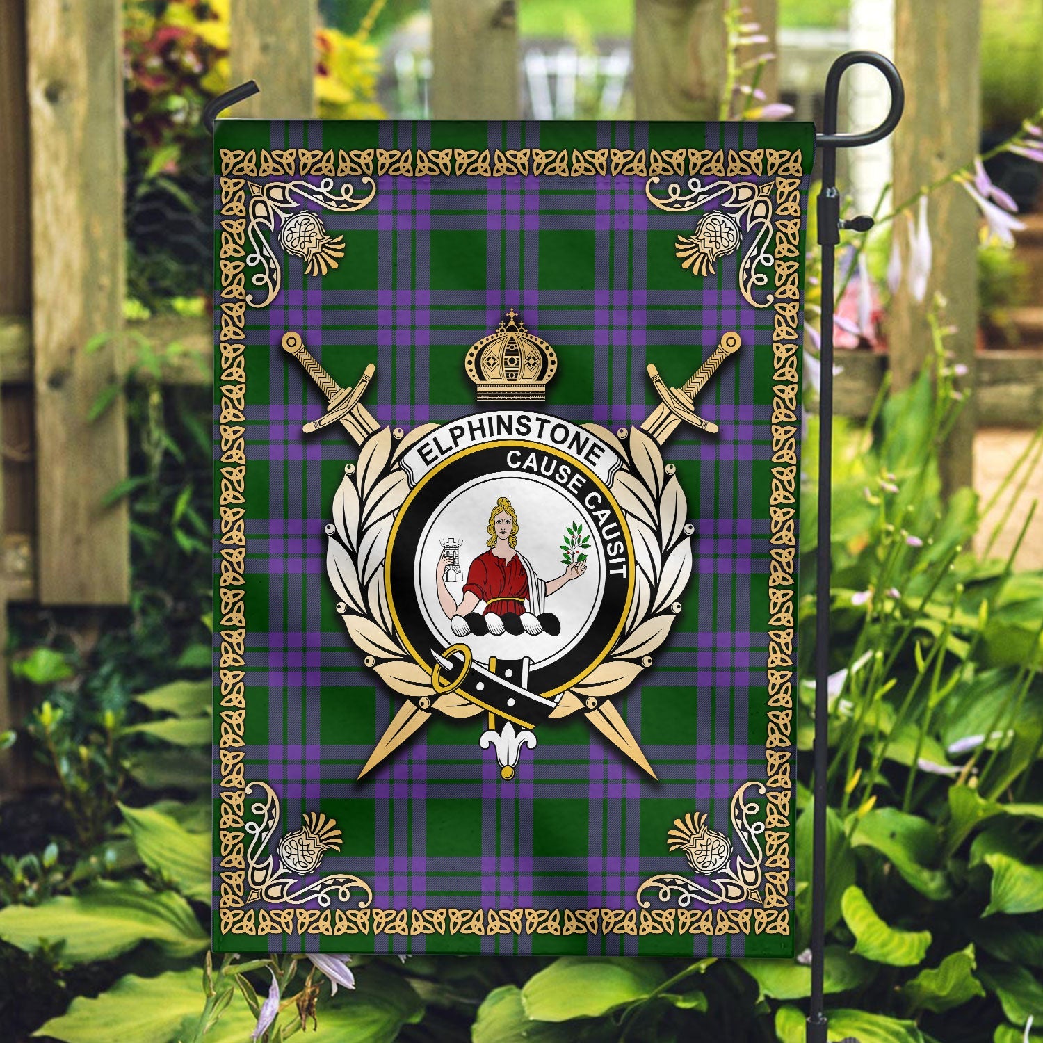 Clan Elphinstone Tartan Crest Garden Flag  - Celtic Thistle  ZO15 Clan Elphinstone Tartan Today   