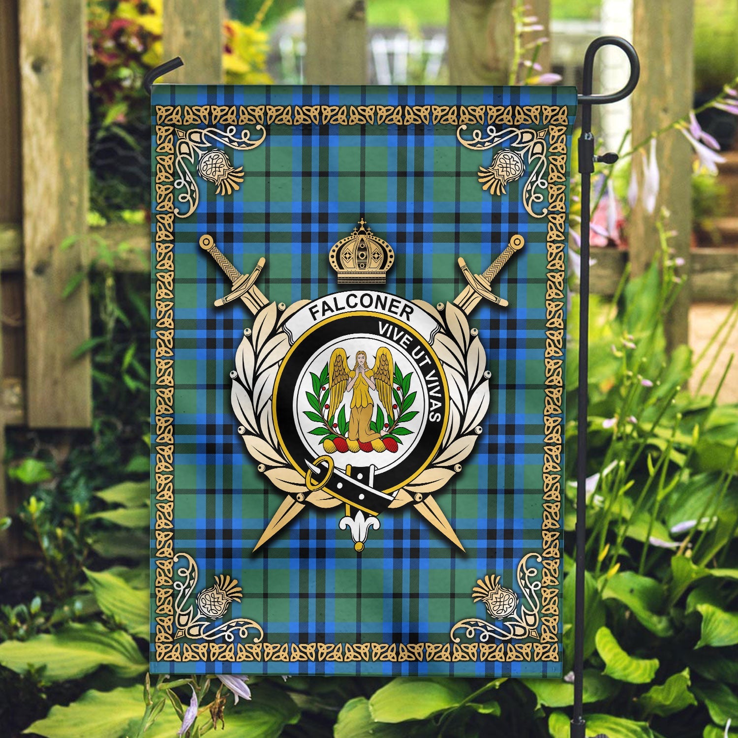 Clan Falconer Tartan Crest Garden Flag  - Celtic Thistle  SX22 Clan Falconer Tartan Today   