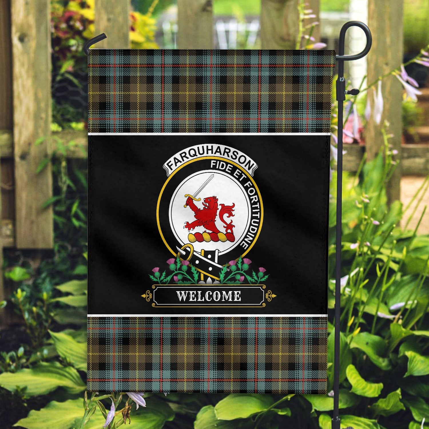 Clan Farquharson Weathered Tartan Crest Garden Flag  - Welcome  RC11 Clan Farquharson Tartan Today   