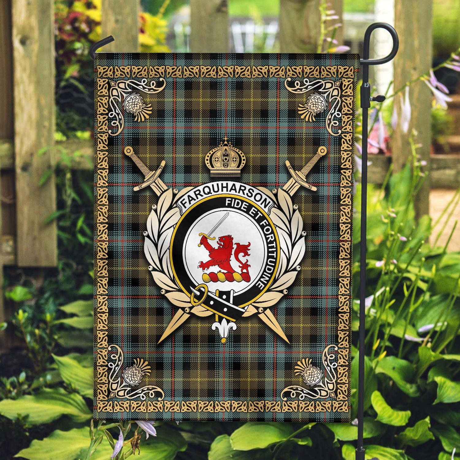 Clan Farquharson Weathered Tartan Crest Garden Flag  - Celtic Thistle  BV63 Clan Farquharson Tartan Today   