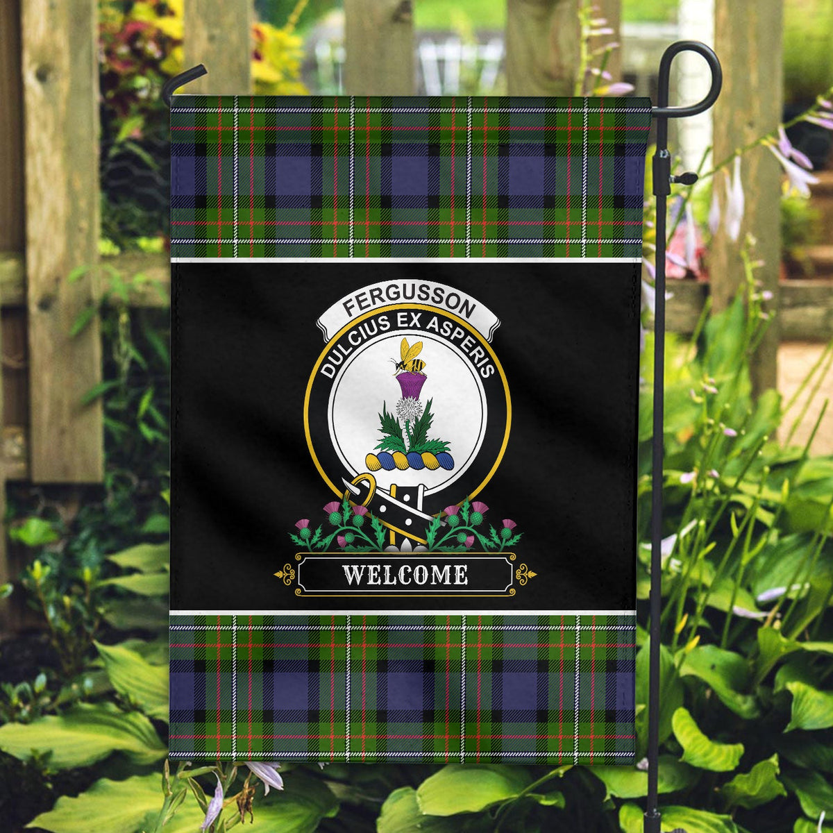 Clan Fergusson Modern Tartan Crest Garden Flag  - Welcome  FM16 Clan Fergusson Tartan Today   