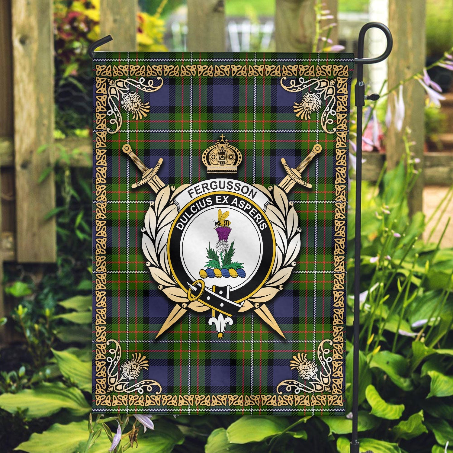 Clan Fergusson Modern Tartan Crest Garden Flag  - Celtic Thistle  ZH49 Clan Fergusson Tartan Today   