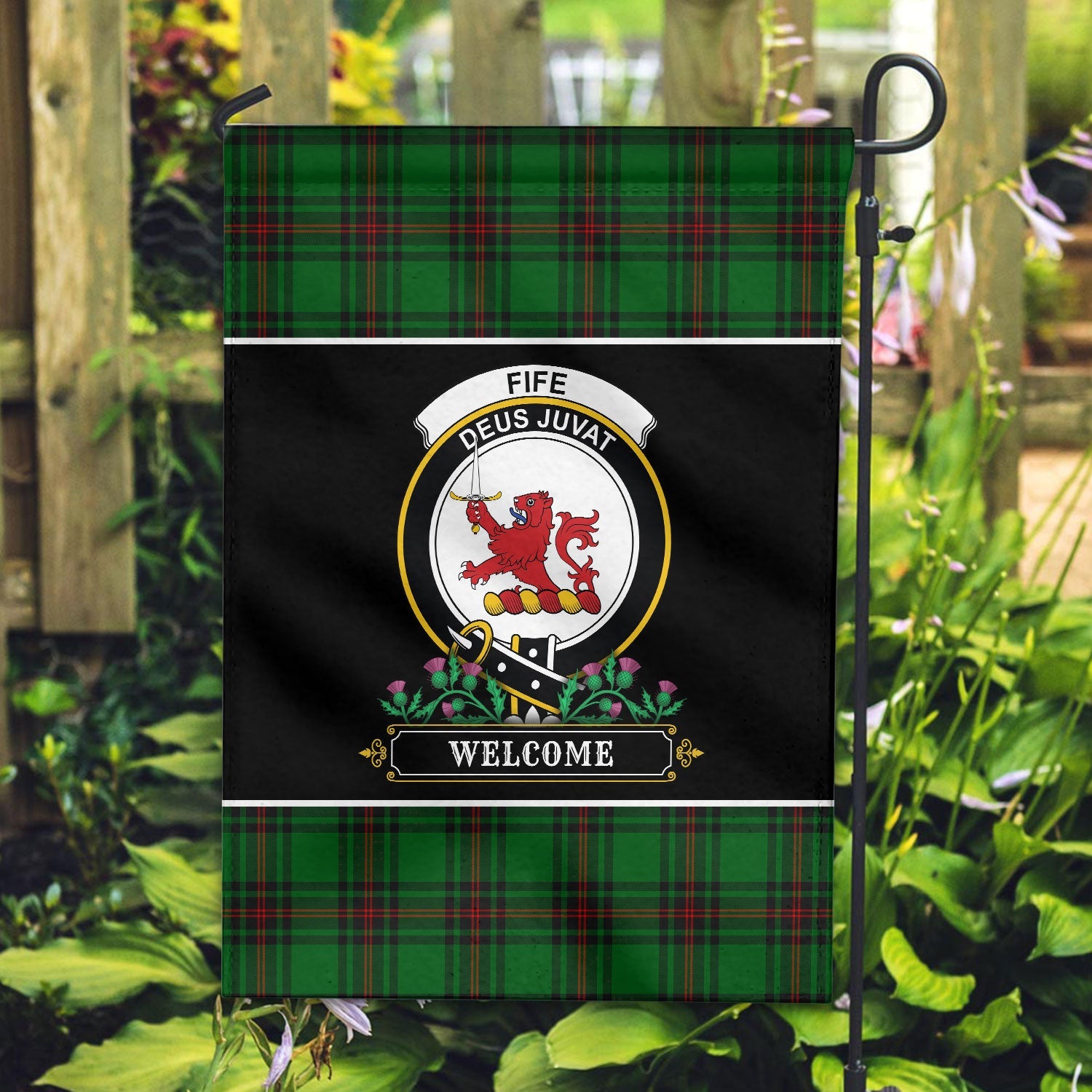 Clan Fife District Tartan Crest Garden Flag  - Welcome  CQ72 Clan Garden Tartan Today   