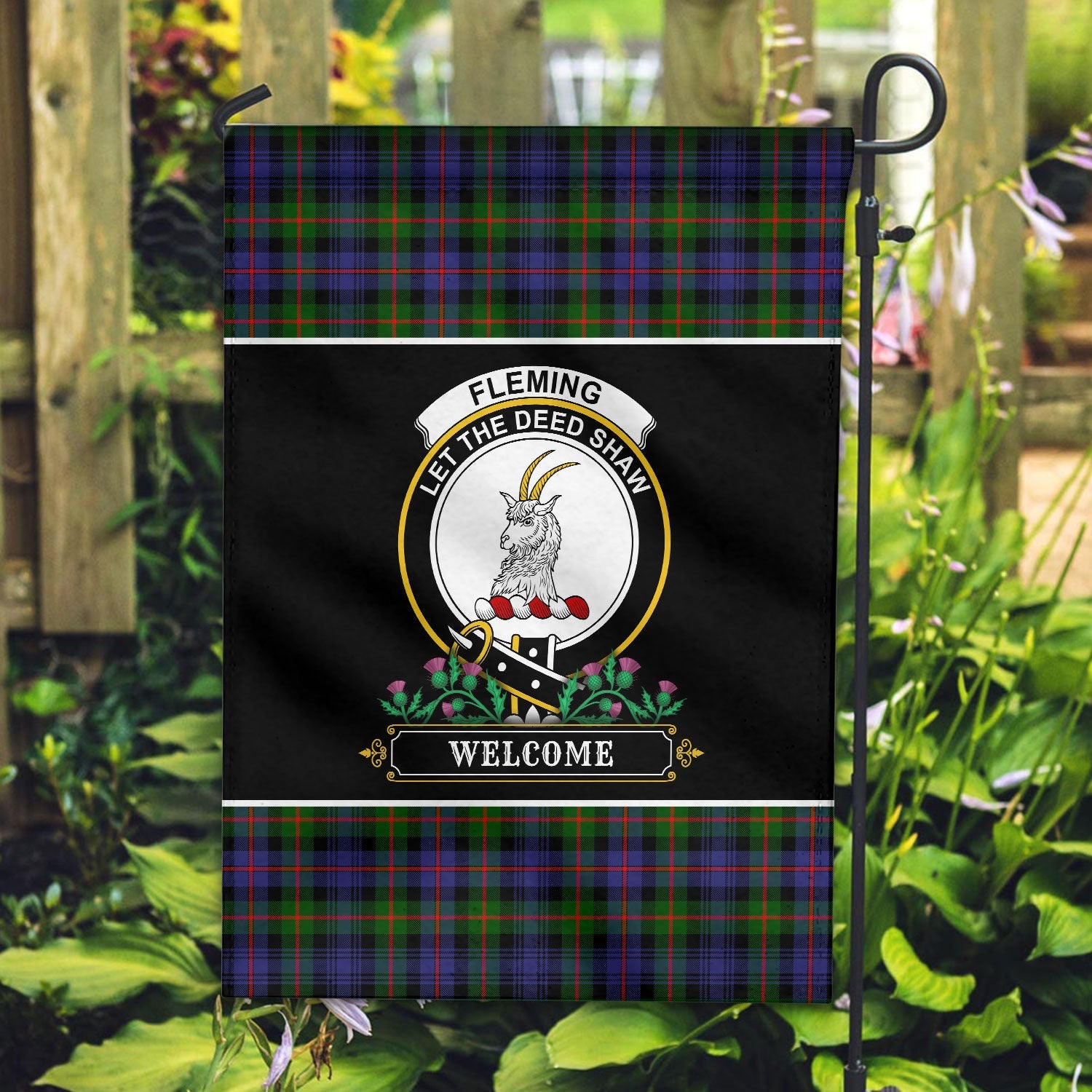 Clan Fleming Tartan Crest Garden Flag  - Welcome  QI14 Clan Fleming Tartan Today   