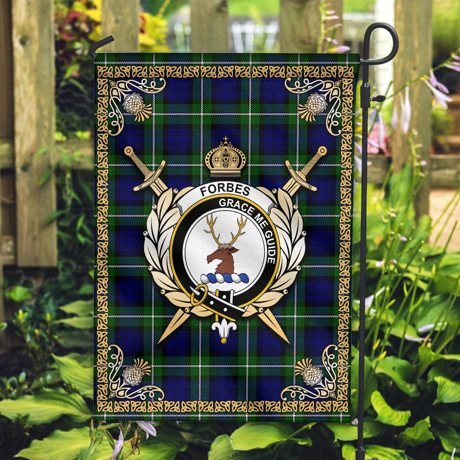 Clan Forbes Modern Tartan Crest Garden Flag  - Celtic Thistle  WY86 Clan Forbes Tartan Today   