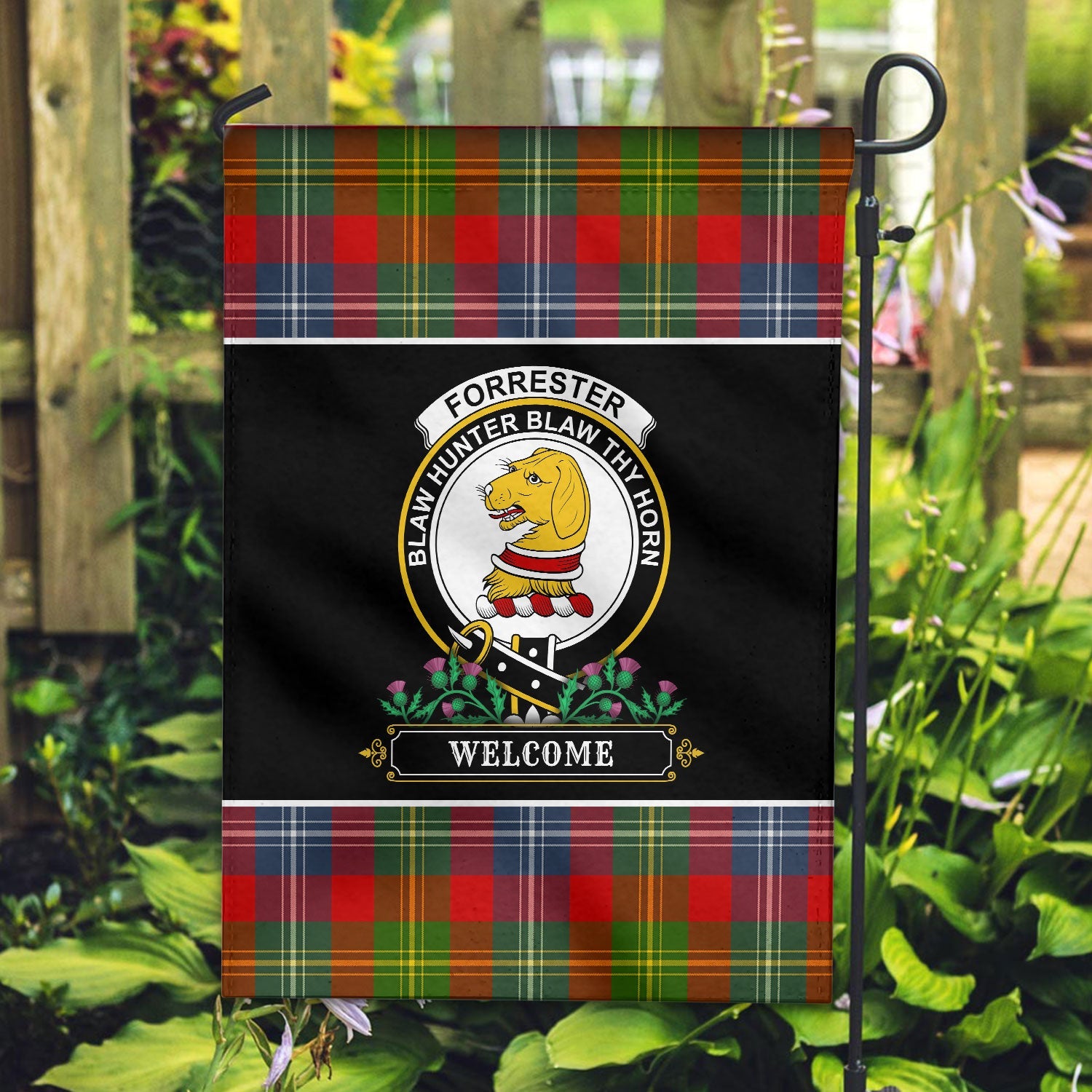 Clan Forrester Tartan Crest Garden Flag  - Welcome  LH60 Clan Forrester Tartan Today   