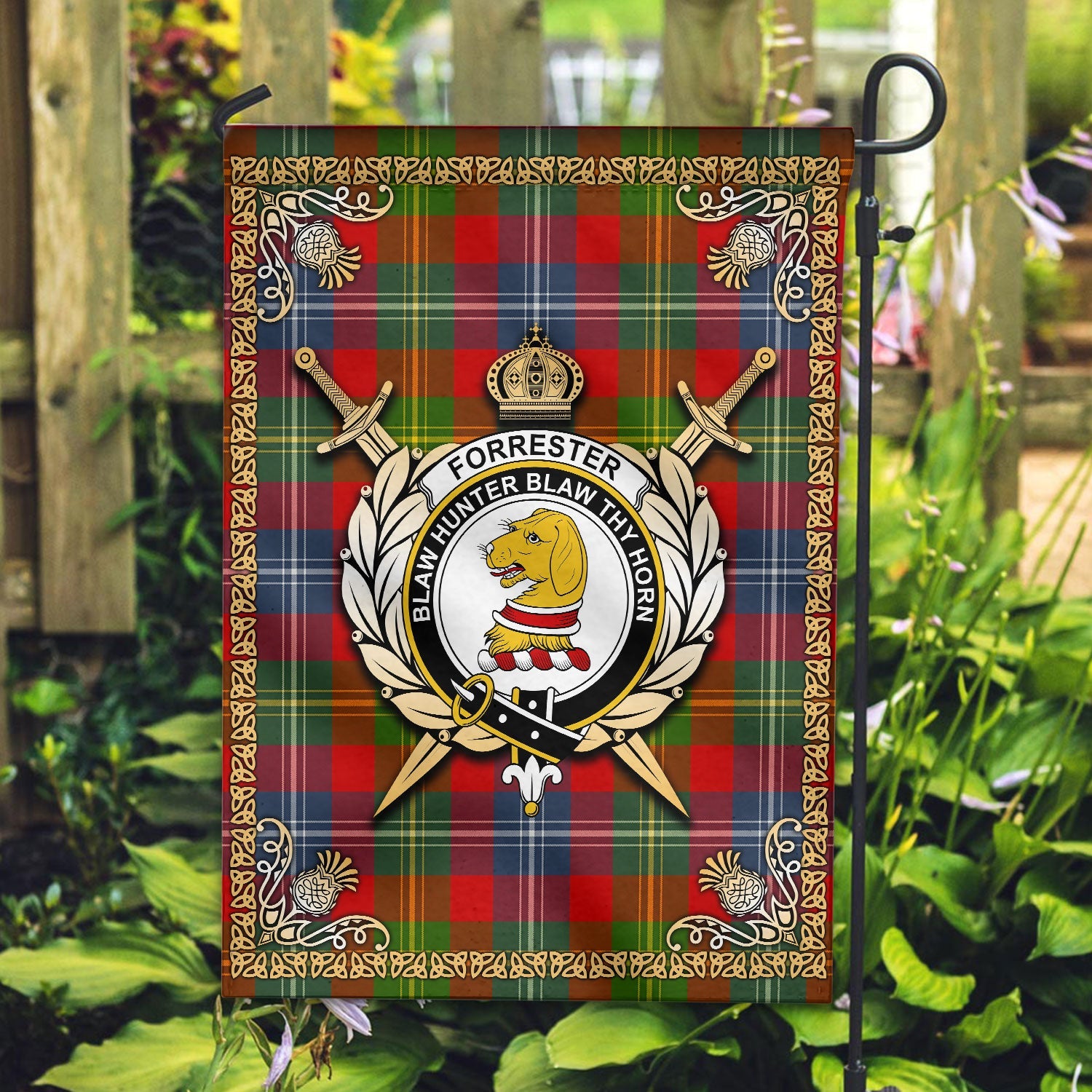 Clan Forrester Tartan Crest Garden Flag  - Celtic Thistle  FV44 Clan Forrester Tartan Today   