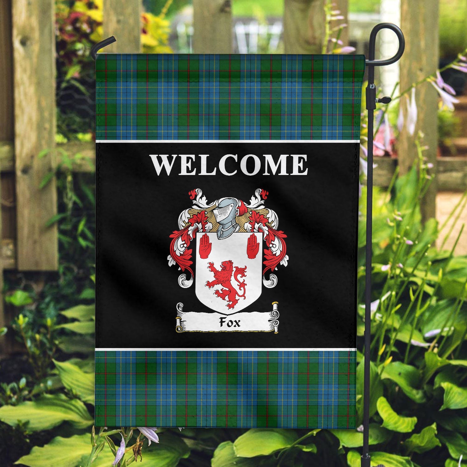 Clan Fox Hunting Tartan Crest Black Garden Flag EY50 Clan Garden Tartan Today   