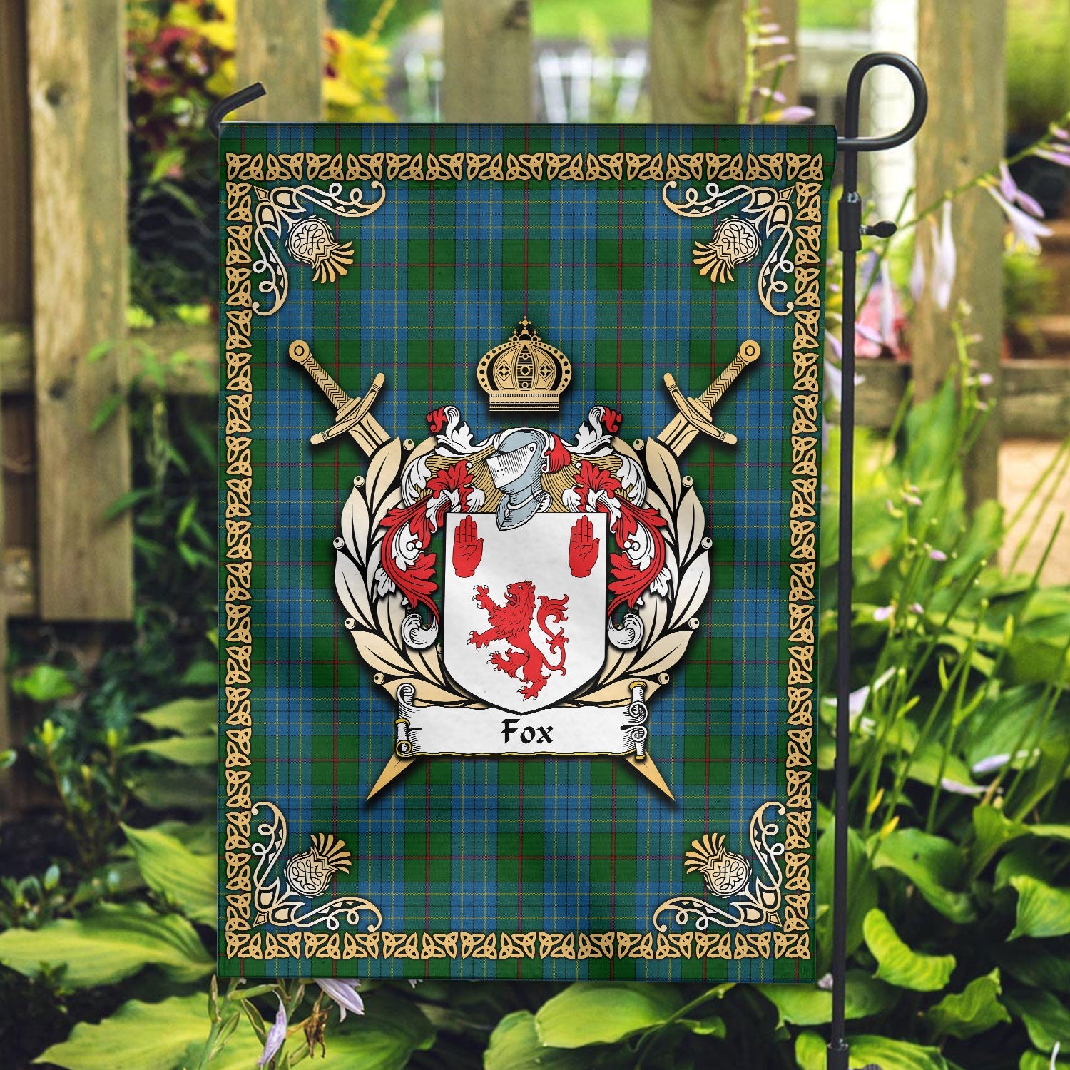 Clan Fox Hunting Tartan Crest Garden Flag  - Celtic Thistle  LW80 Clan Garden Tartan Today   