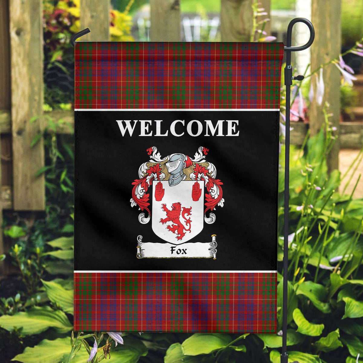 Clan Fox Red Tartan Crest Black Garden Flag ZW38 Clan Garden Tartan Today   