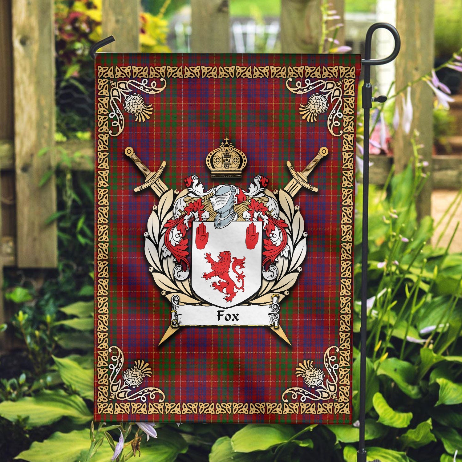 Clan Fox Red Tartan Crest Garden Flag  - Celtic Thistle  IW89 Clan Garden Tartan Today   