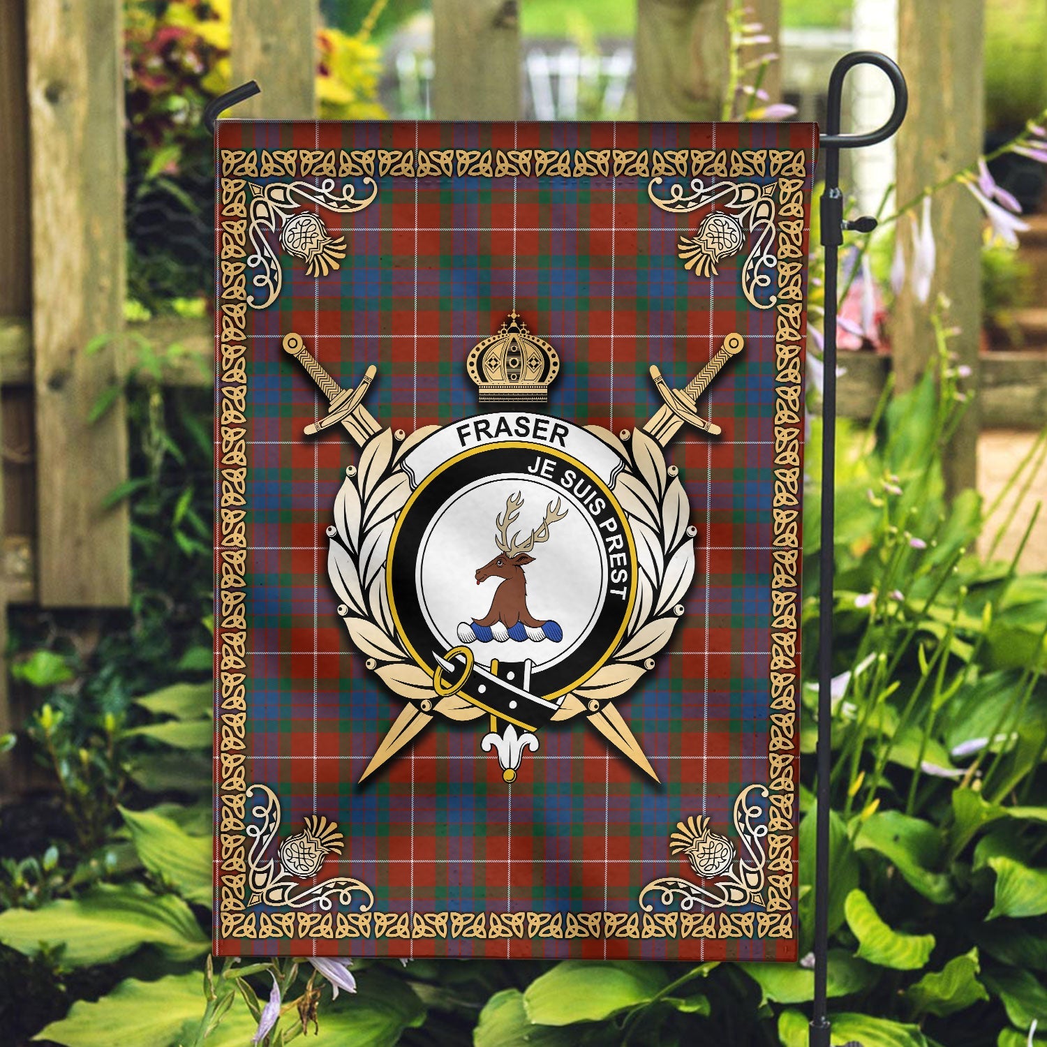 Clan Fraser (of Lovat) Ancient Tartan Crest Garden Flag  - Celtic Thistle  PJ75 Clan Fraser Tartan Today   