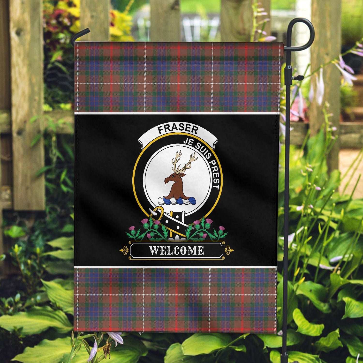Clan Fraser (of Lovat) Hunting Modern Tartan Crest Garden Flag  - Welcome  JC11 Clan Fraser Tartan Today   