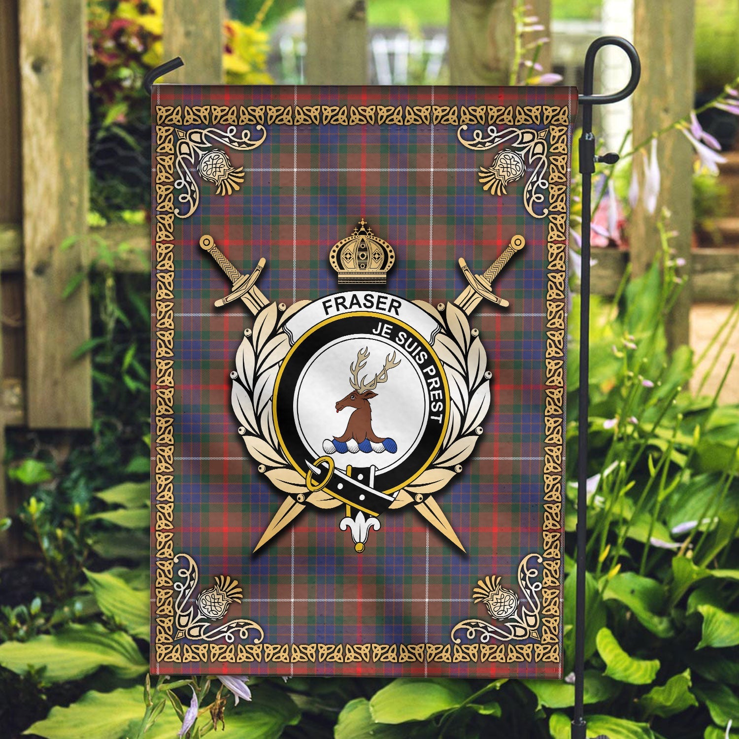 Clan Fraser (of Lovat) Hunting Modern Tartan Crest Garden Flag  - Celtic Thistle  ST57 Clan Fraser Tartan Today   