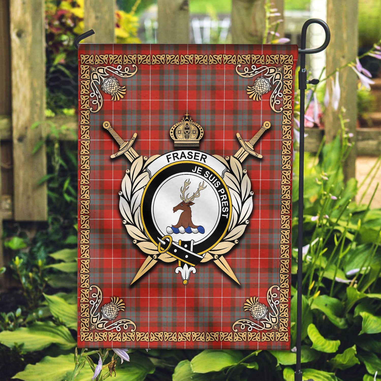 Clan Fraser (of Lovat) Weathered Tartan Crest Garden Flag  - Celtic Thistle  YU13 Clan Fraser Tartan Today   