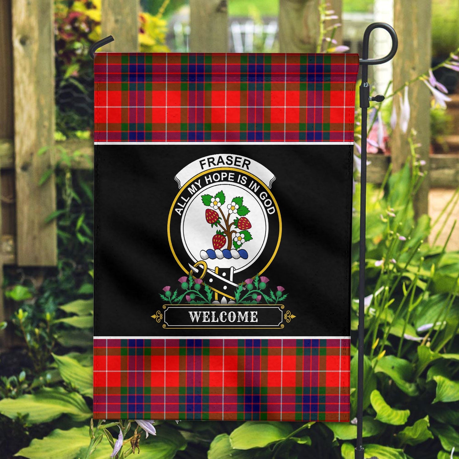 Clan Fraser Tartan Crest Garden Flag  - Welcome  HP86 Clan Fraser Tartan Today   