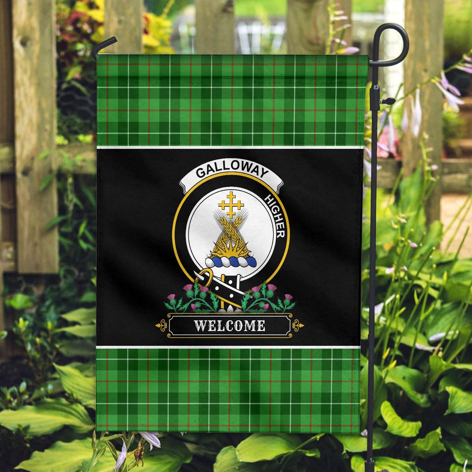 Clan Galloway District Tartan Crest Garden Flag  - Welcome  JR50 Clan Galloway Tartan Today   