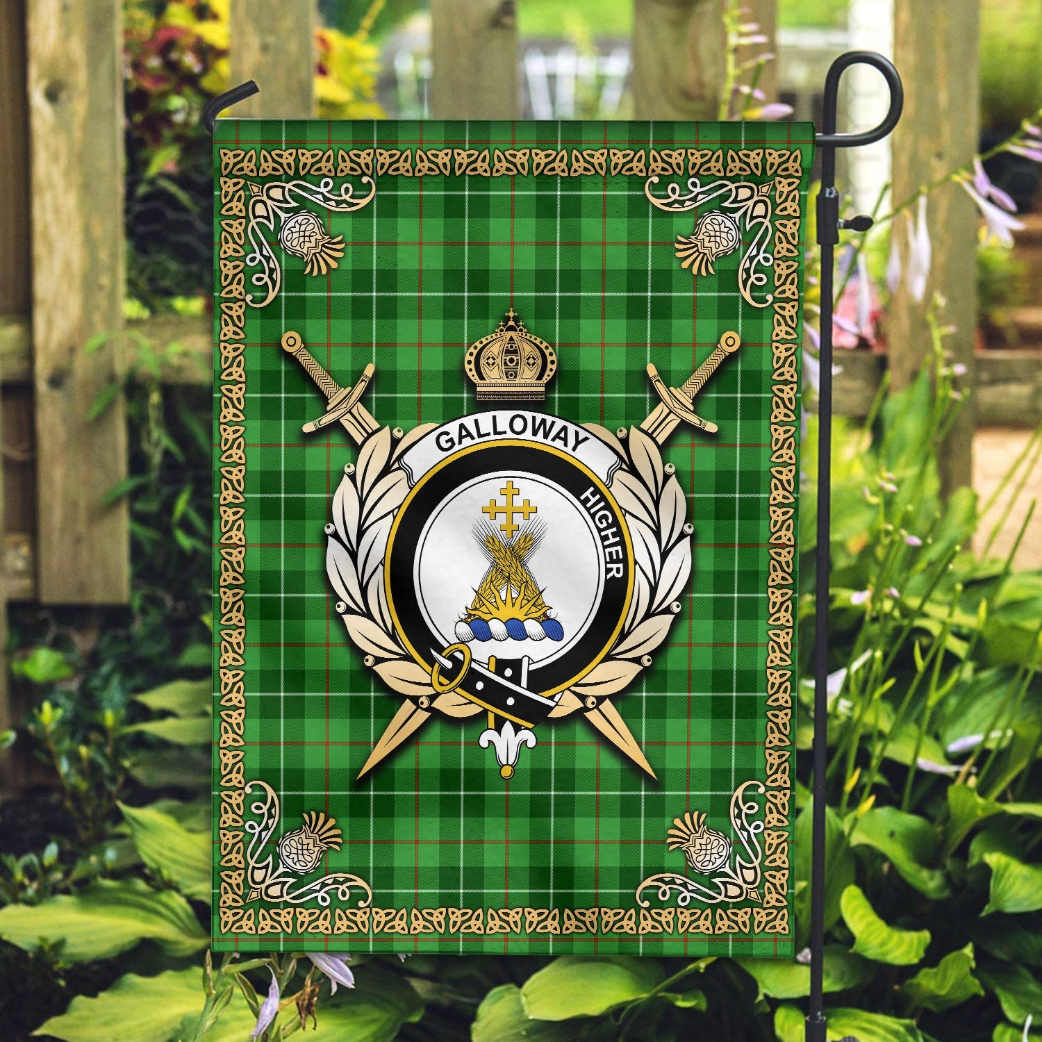 Clan Galloway District Tartan Crest Garden Flag  - Celtic Thistle  VN76 Clan Galloway Tartan Today   