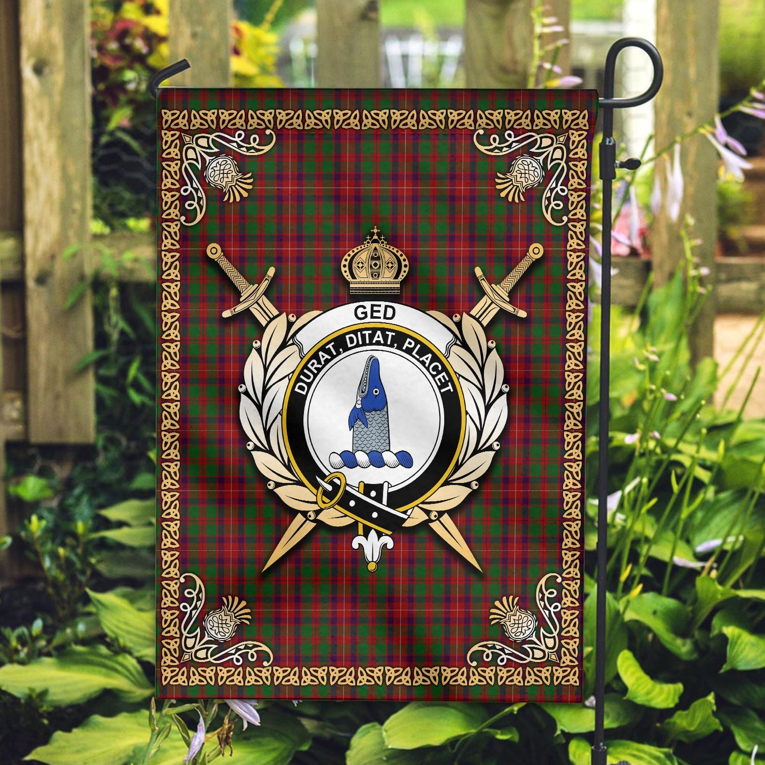 Clan Ged Tartan Crest Garden Flag  - Celtic Thistle  PI85 Clan Ged Tartan Today   