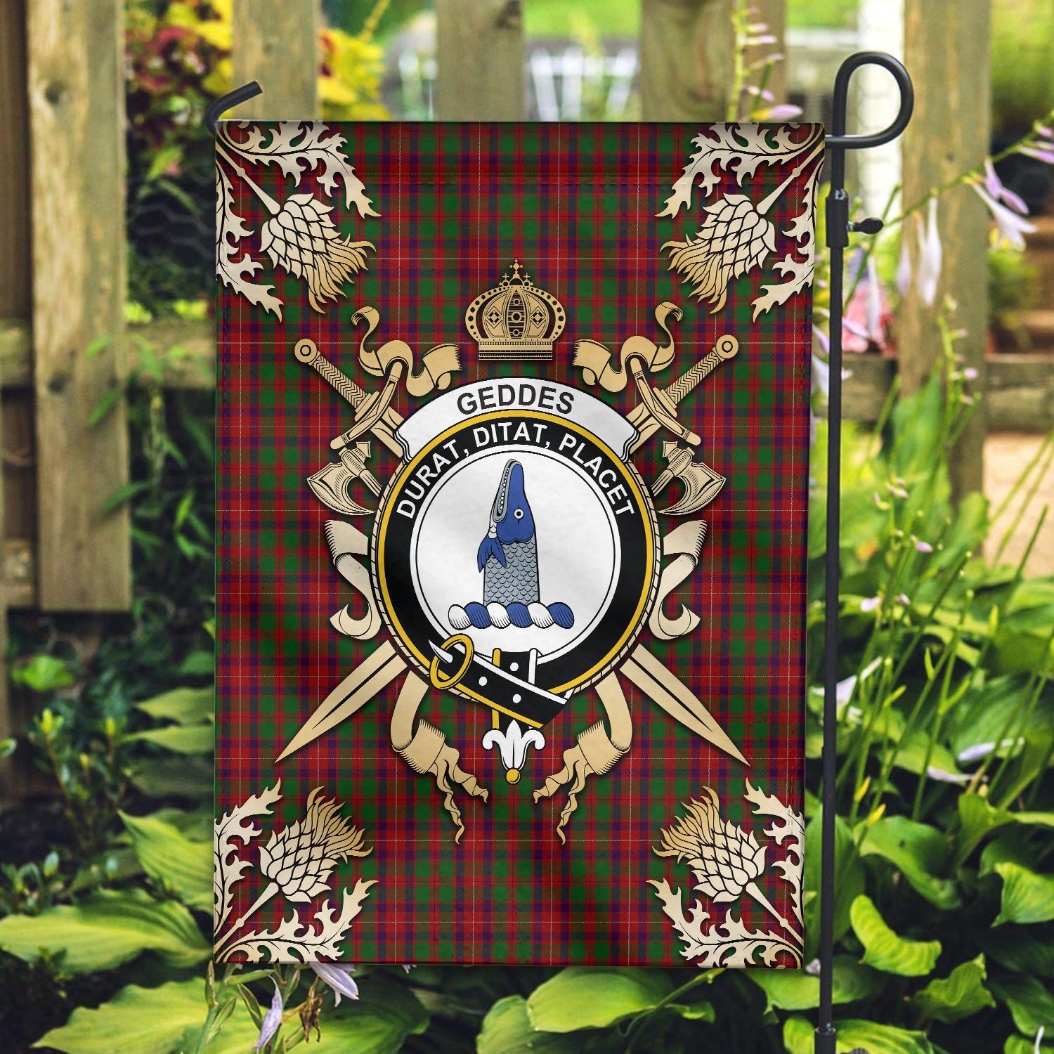 Clan Geddes Tartan Crest Black Garden Flag  - Gold Thistle  TN87 Clan Ged Tartan Today   