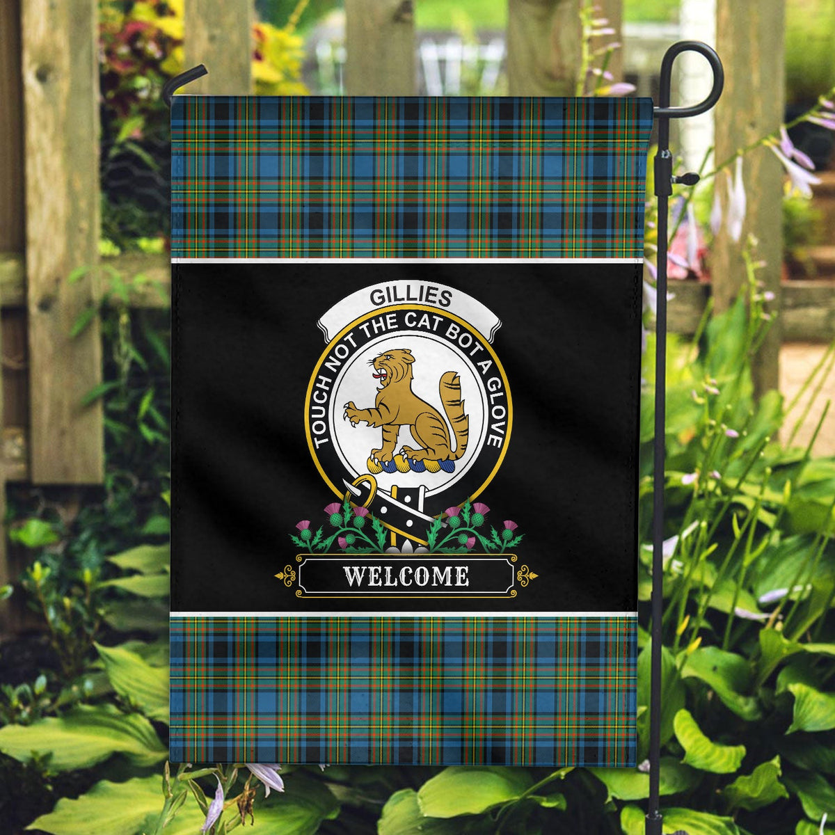 Clan Gillies Ancient Tartan Crest Garden Flag  - Welcome  BH57 Clan Gillies Tartan Today   