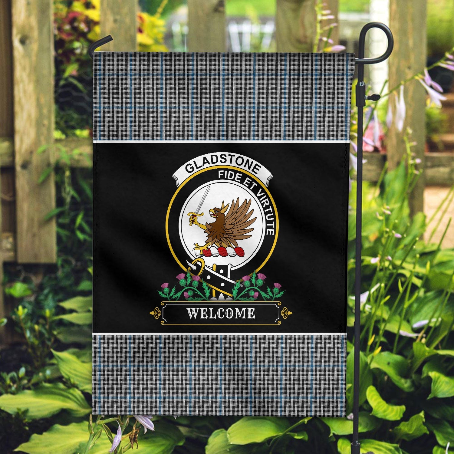 Clan Gladstone Tartan Crest Garden Flag  - Welcome  OS92 Clan Garden Tartan Today   