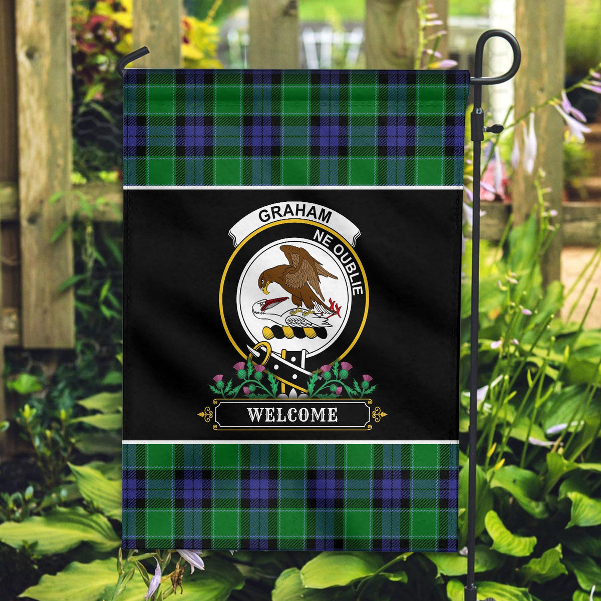 Clan Graham of Menteith Modern Tartan Crest Garden Flag  - Welcome  KP92 Clan Graham Tartan Today   