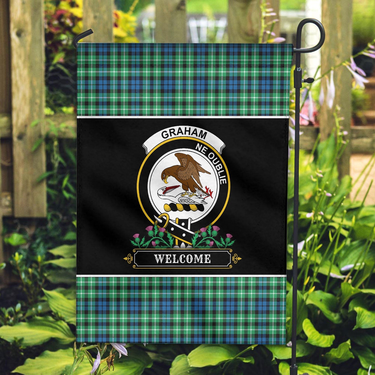 Clan Graham of Montrose Ancient Tartan Crest Garden Flag  - Welcome  SG72 Clan Rose Tartan Today   