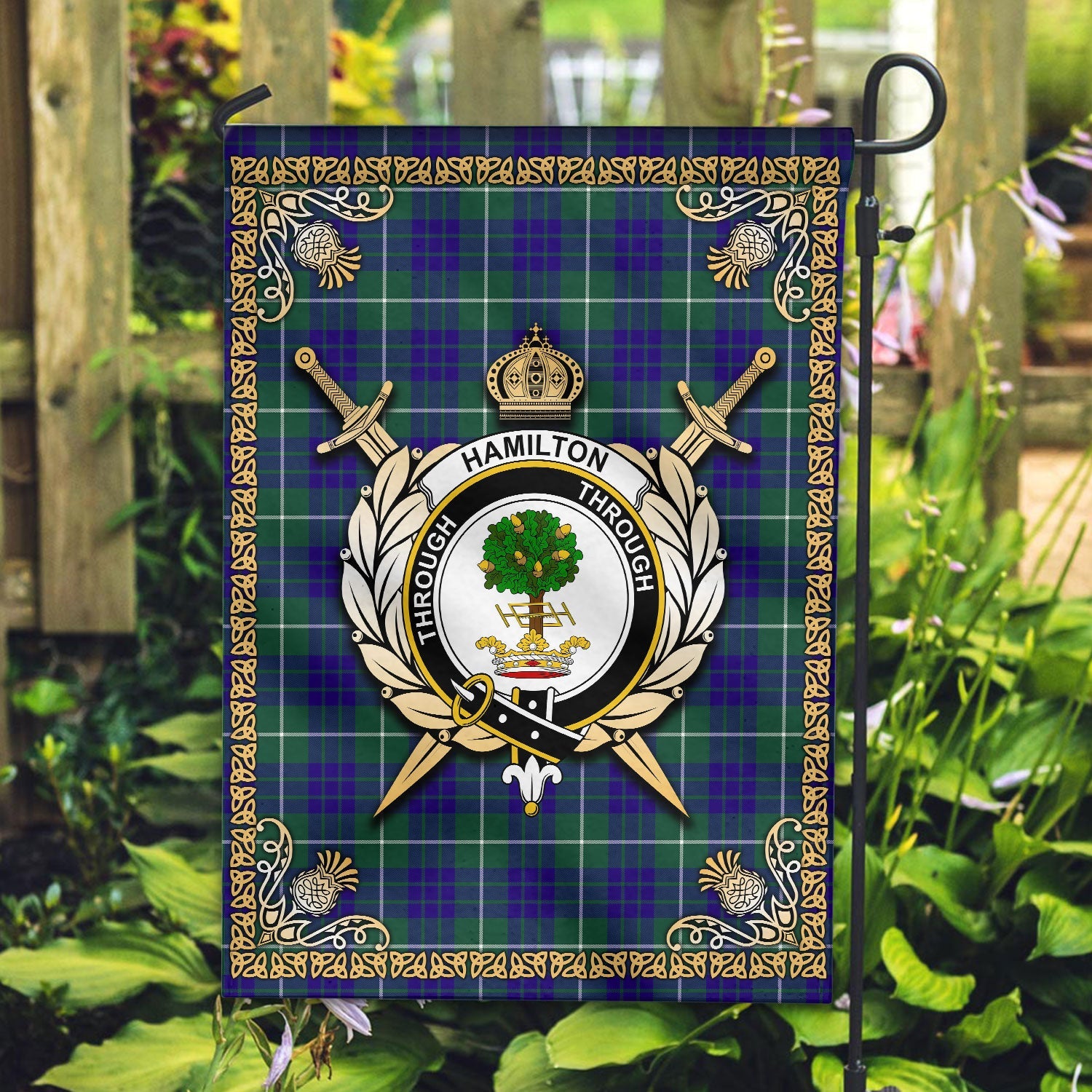 Clan Hamilton Hunting Modern Tartan Crest Garden Flag  - Celtic Thistle  DQ50 Clan Hamilton Tartan Today   