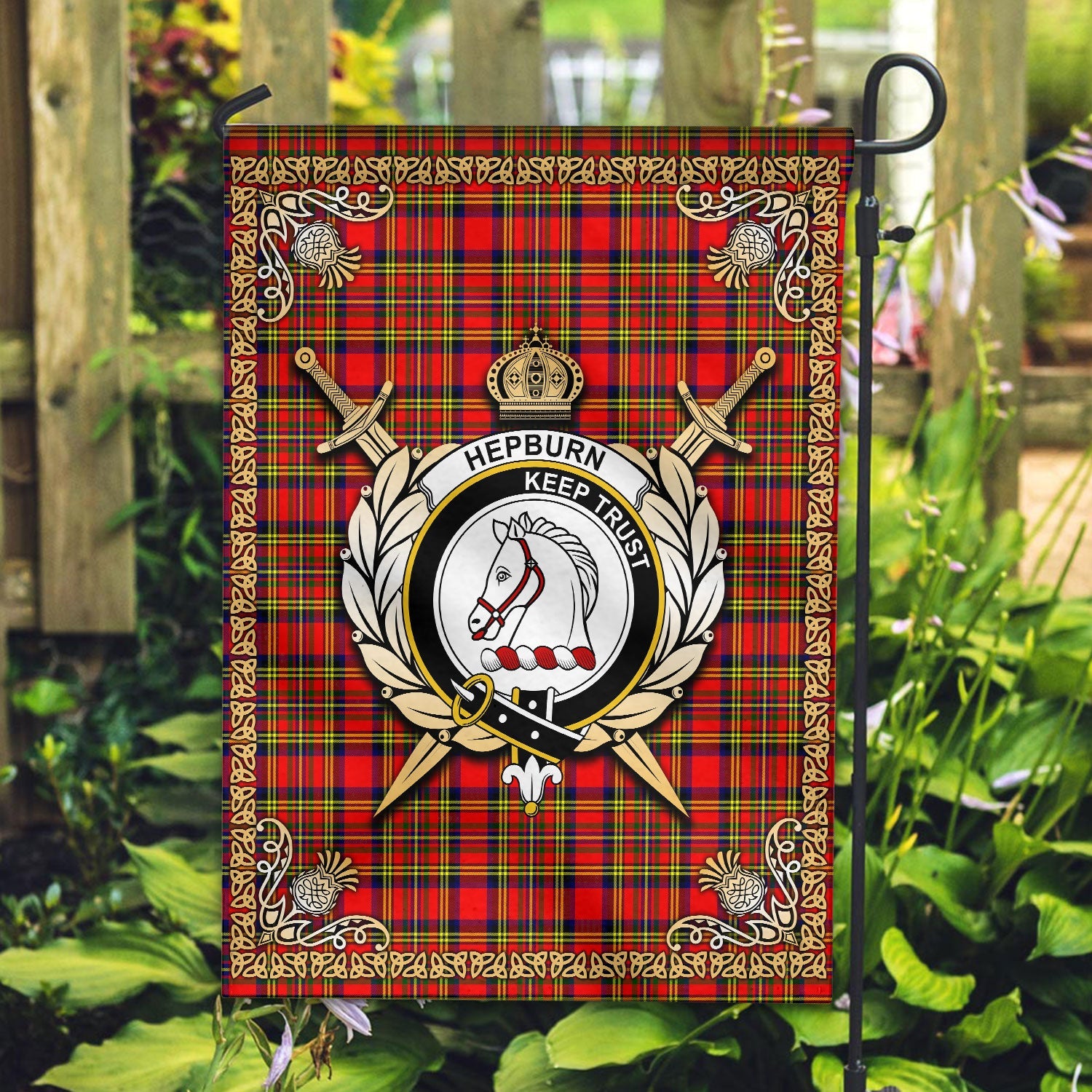 Clan Hepburn Tartan Crest Garden Flag  - Celtic Thistle  TG99 Clan Hepburn Tartan Today   